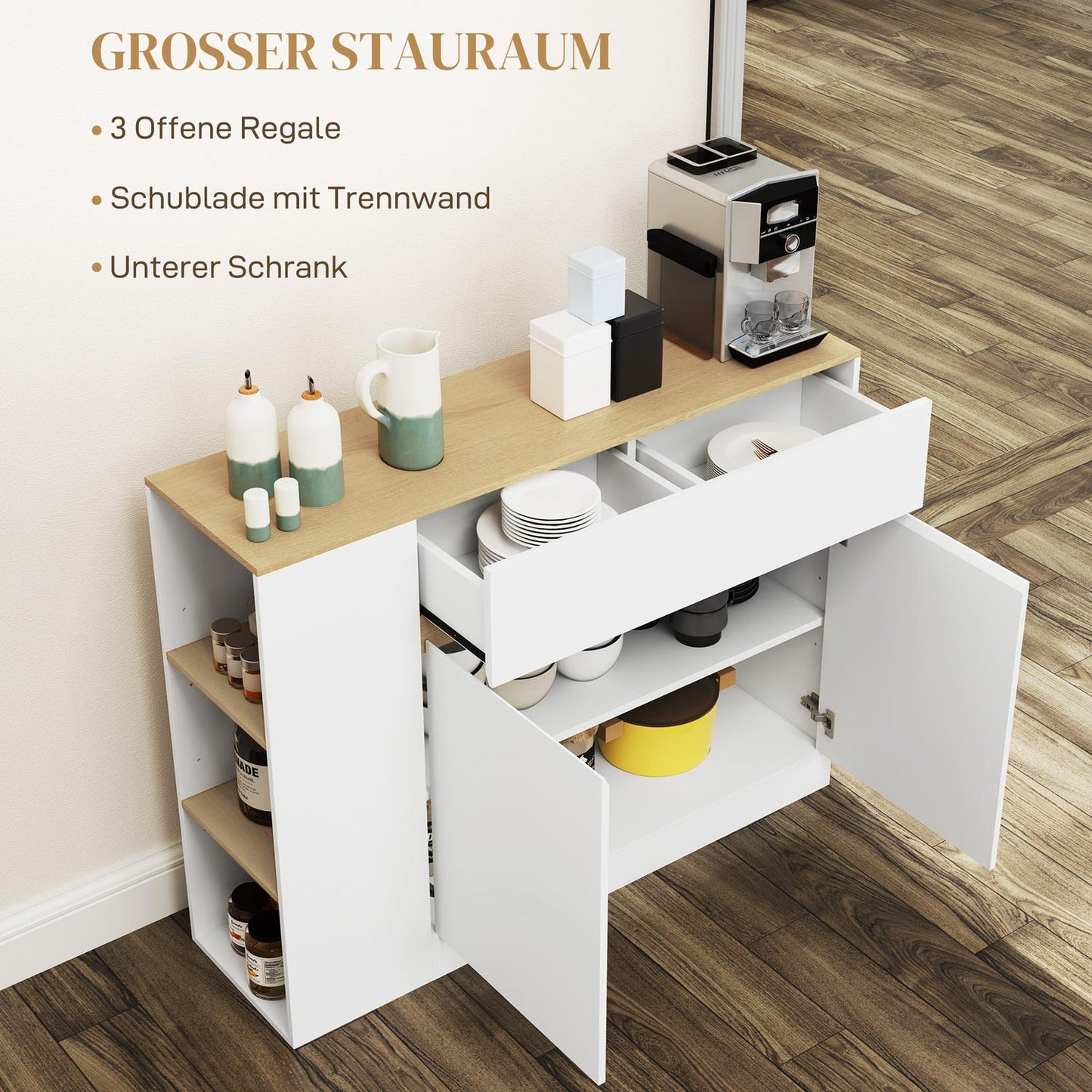 White kitchen cabinet with drawer and adjustable shelf