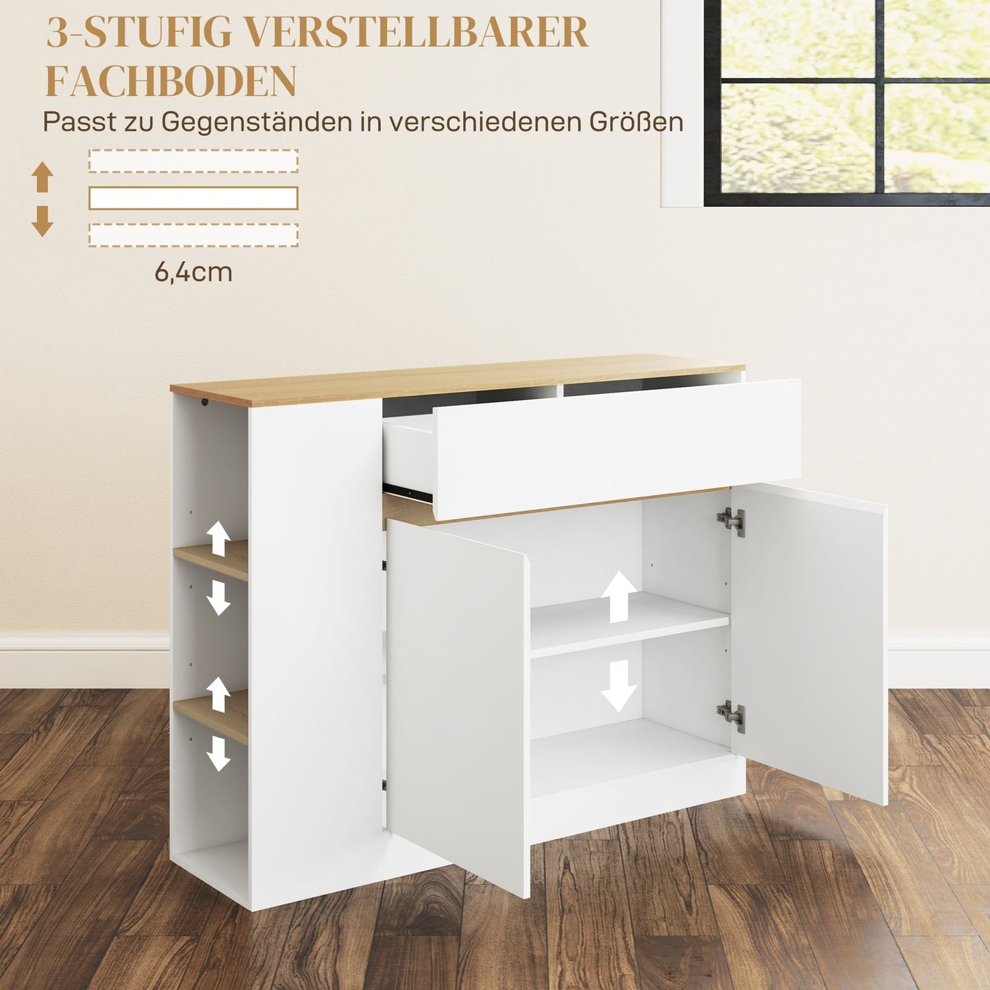 White kitchen cabinet with drawer and adjustable shelf