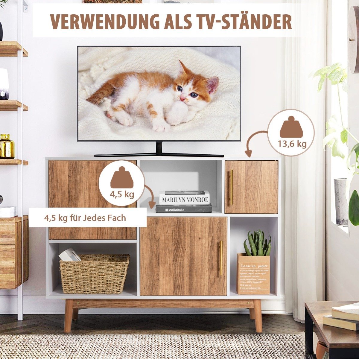 Sideboard standing shelf chest of drawers multi-purpose cupboard 95 x 31 x 76 cm white + coffee brown