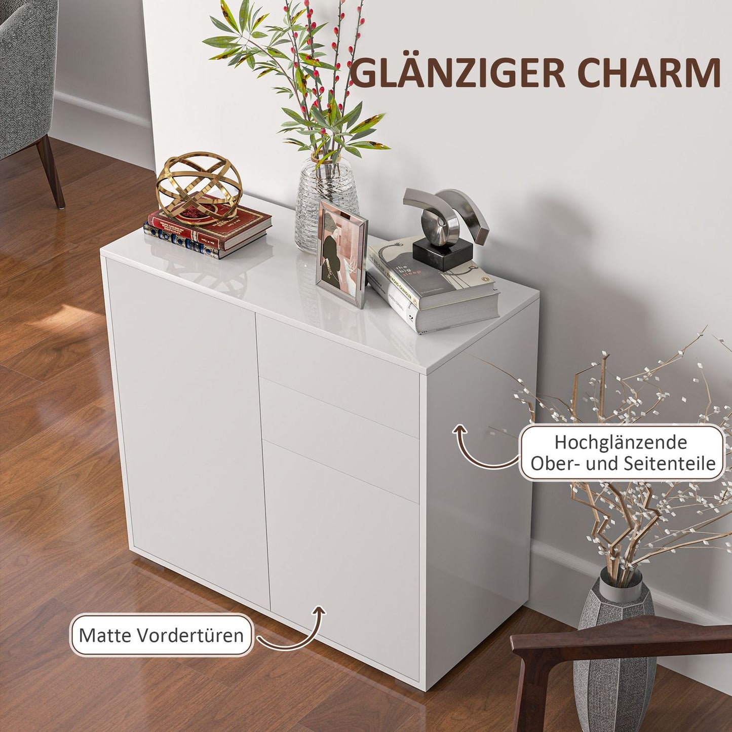 White storage sideboard - Adjustable shelf & drawer, 79x36x75 cm