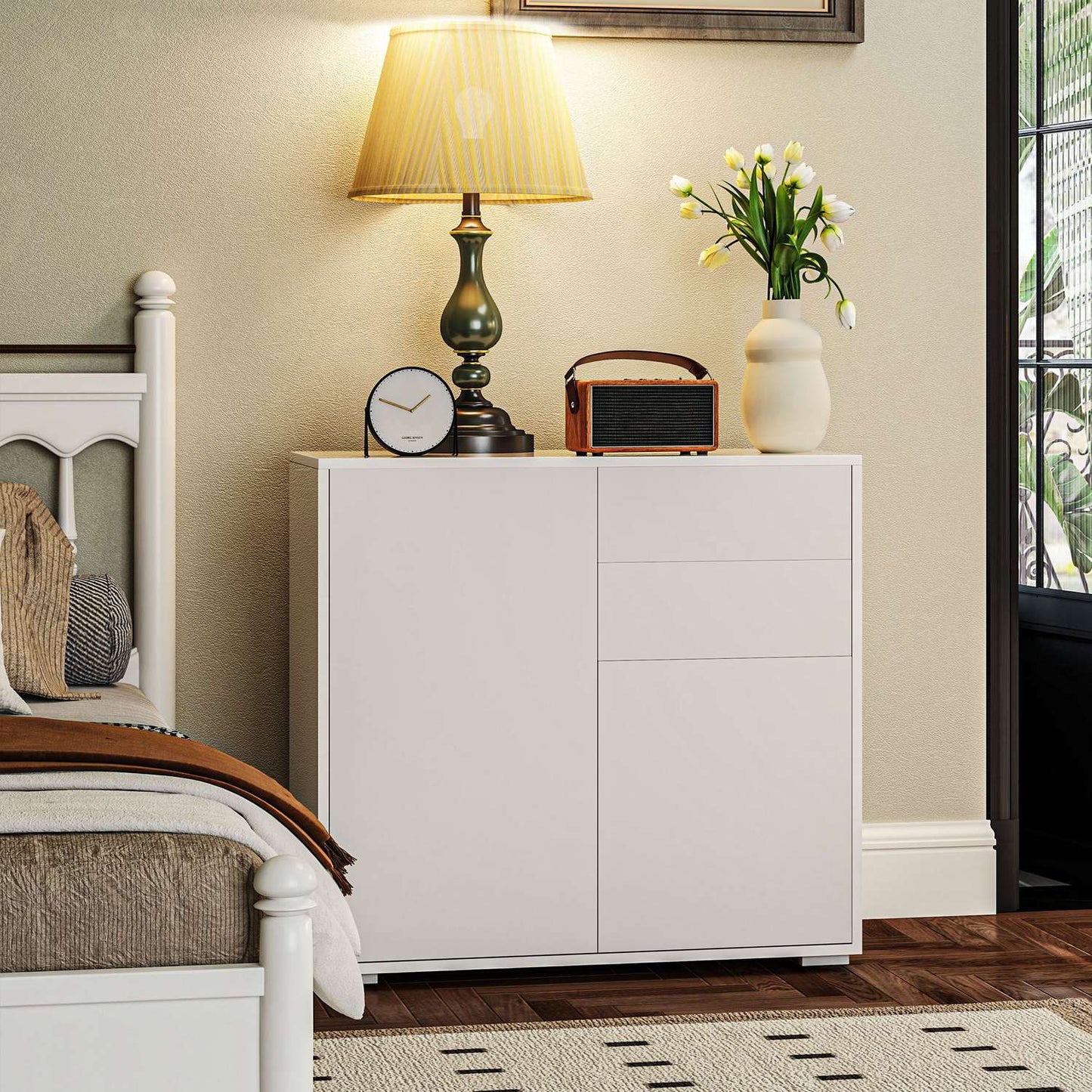 White storage sideboard - Adjustable shelf & drawer, 79x36x75 cm