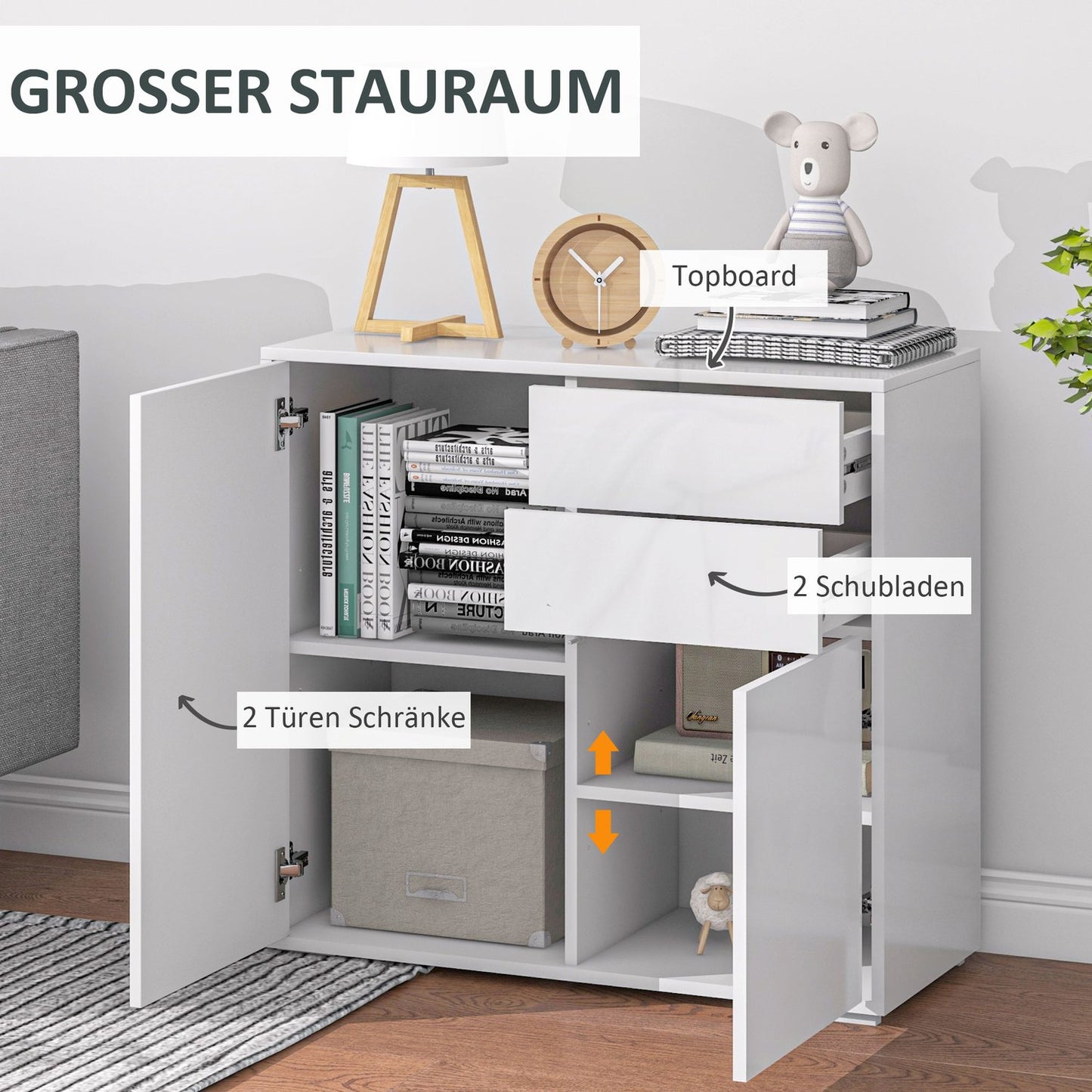White storage sideboard - Adjustable shelf & drawer, 79x36x75 cm