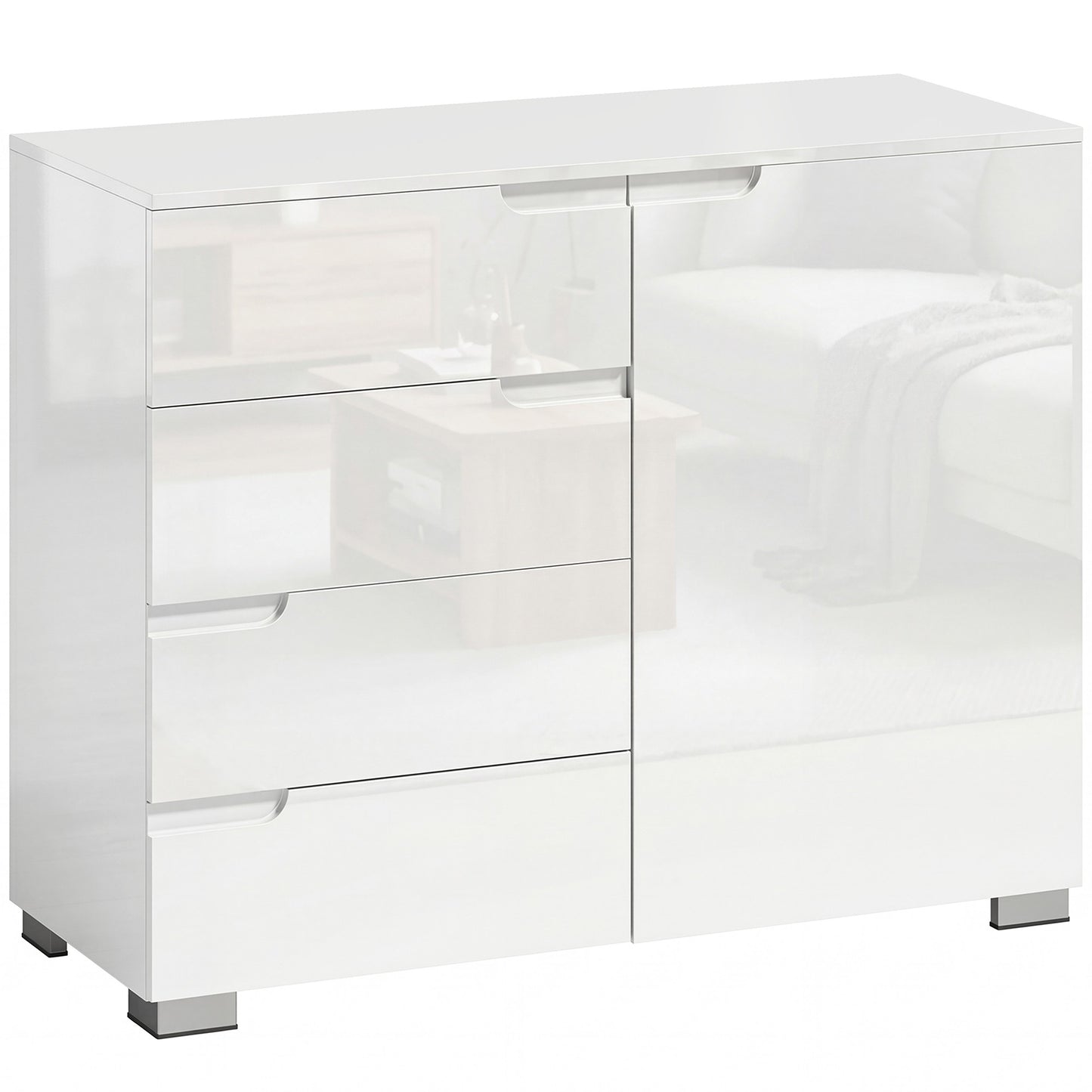 Sideboard with 4 Drawers, 1 Door, Adjustable Shelf, White