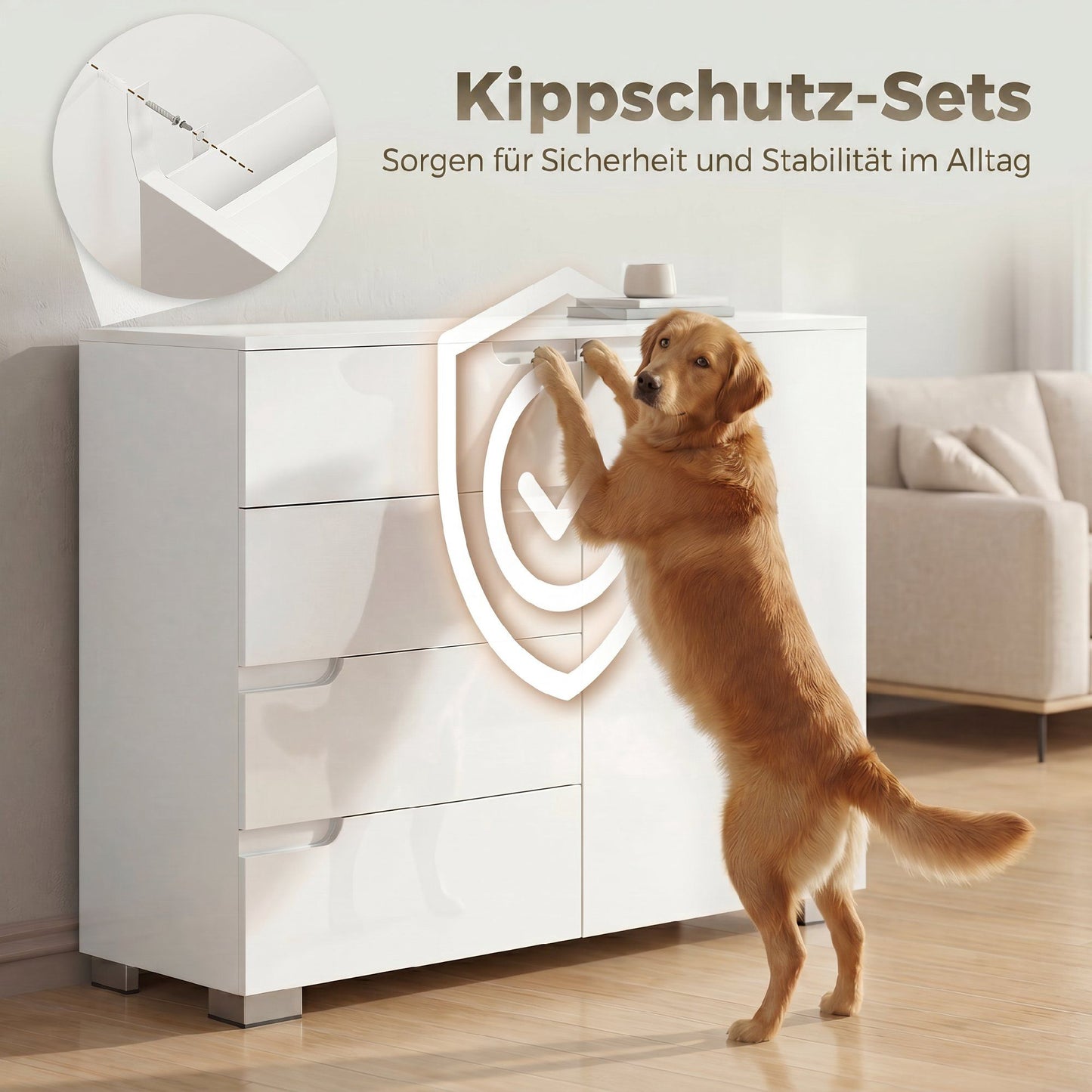Sideboard with 4 Drawers, 1 Door, Adjustable Shelf, White