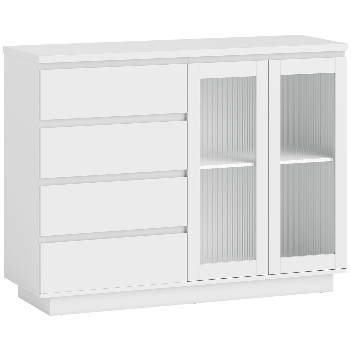 Sideboard with 4 Drawers, 2 Glass Doors, MDF, White