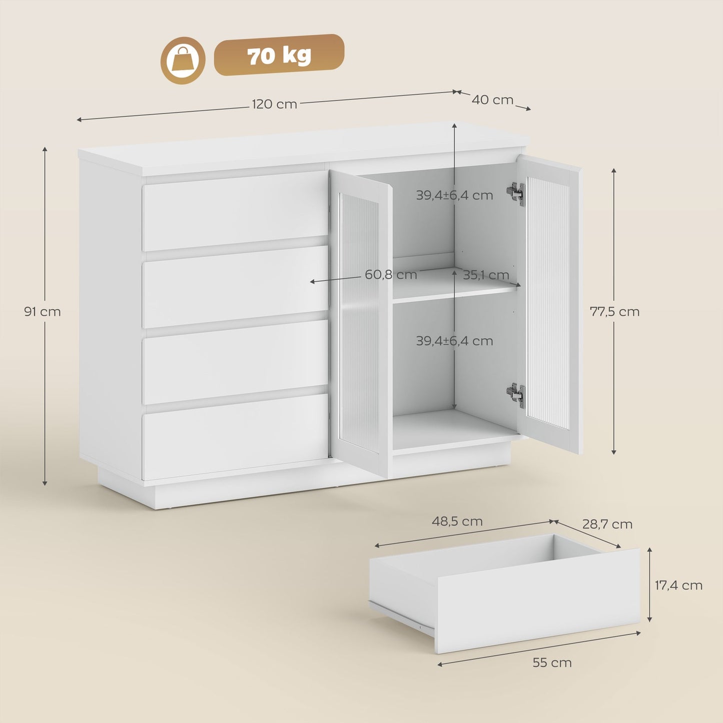 Sideboard with 4 Drawers, 2 Glass Doors, MDF, White
