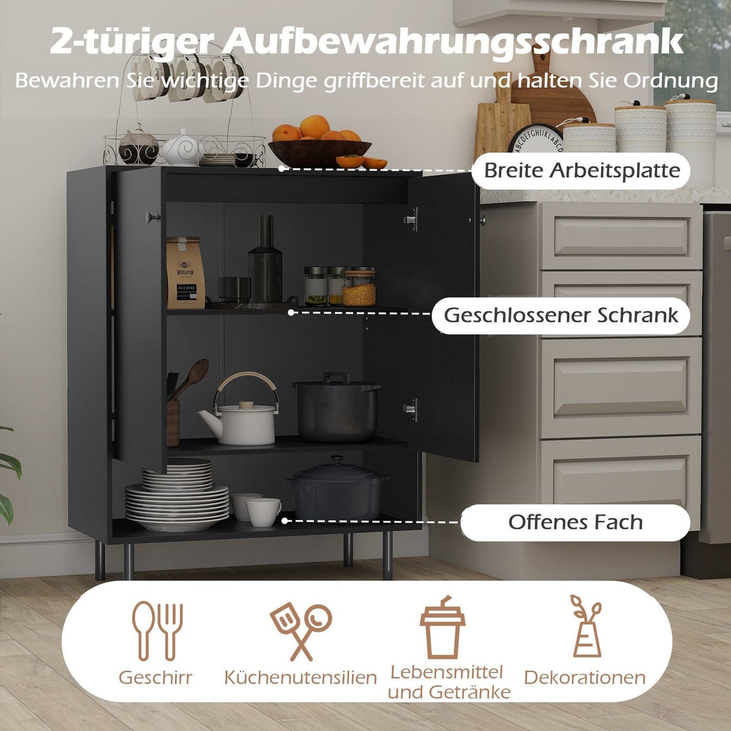 Sideboard with Adjustable Shelves, 2 Doors, 75x35x95 cm, Black