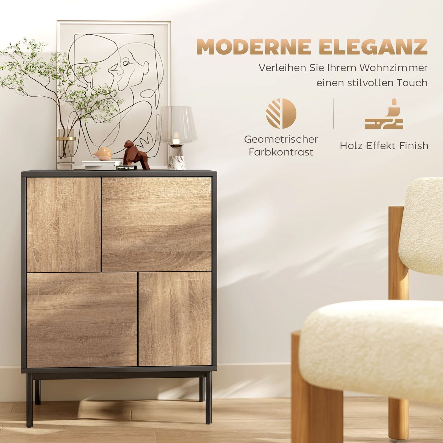 Sideboard with Push-to-Open Doors, Black/Natural Wood