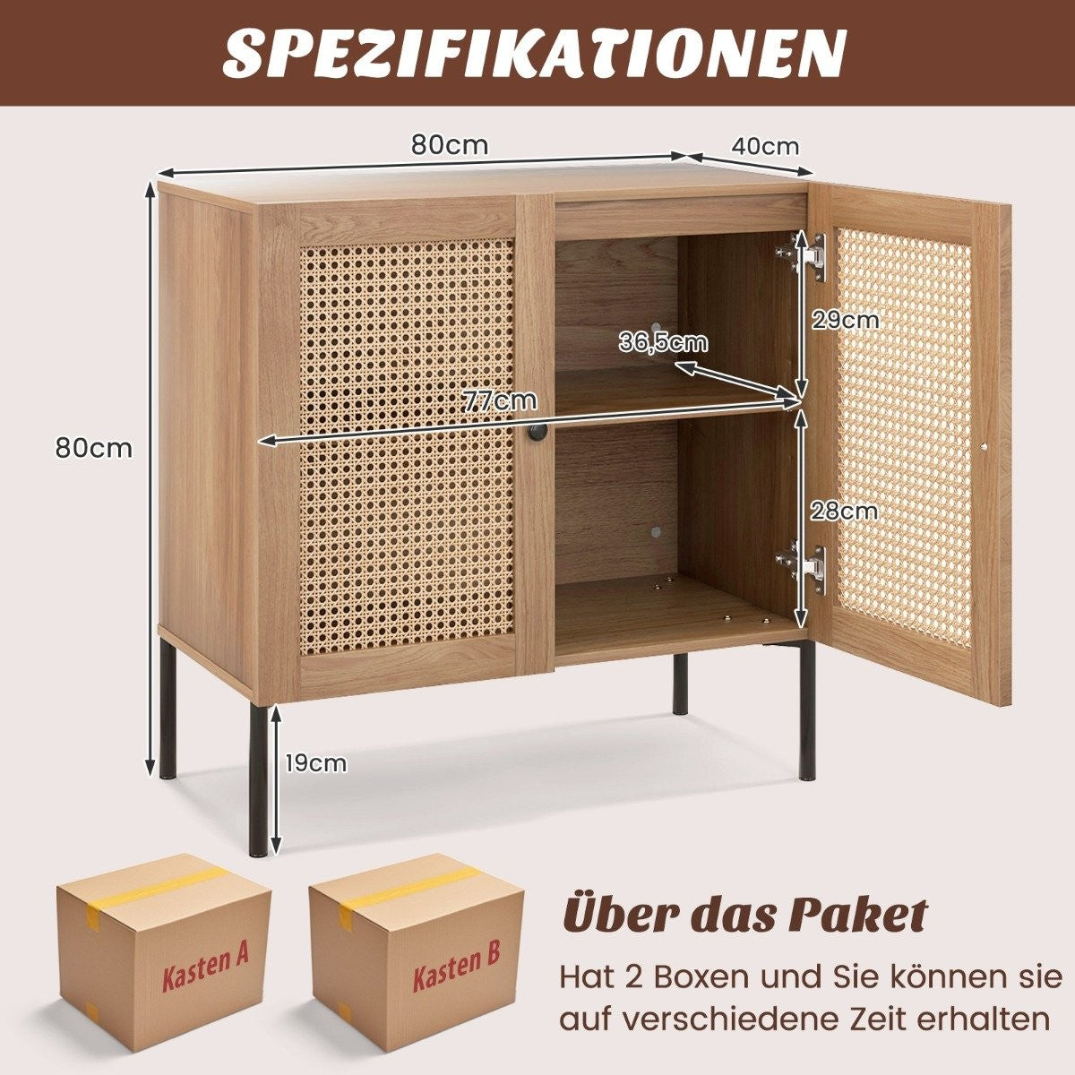 Sideboard with rattan doors & worktop & adjustable compartments kitchen cabinet oak