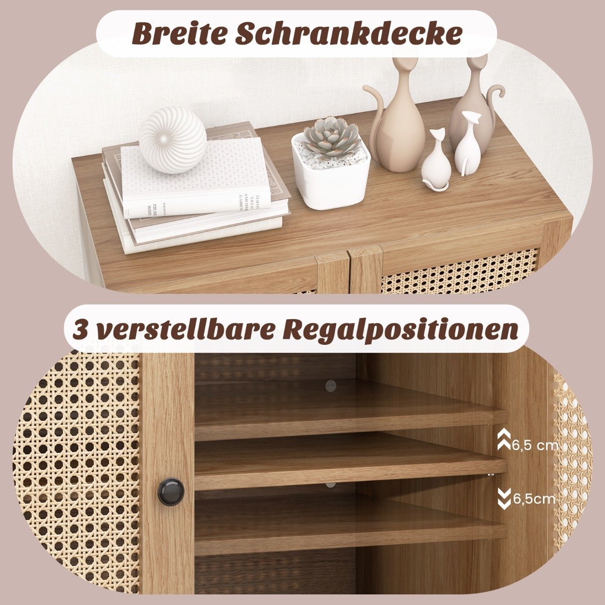 Sideboard with rattan doors & worktop & adjustable compartments kitchen cabinet oak