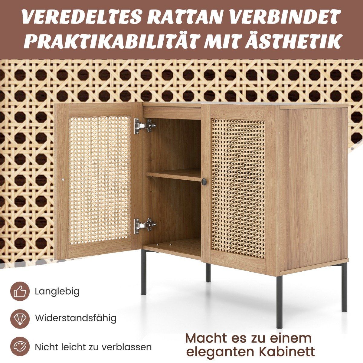 Sideboard with rattan doors & worktop & adjustable compartments kitchen cabinet oak