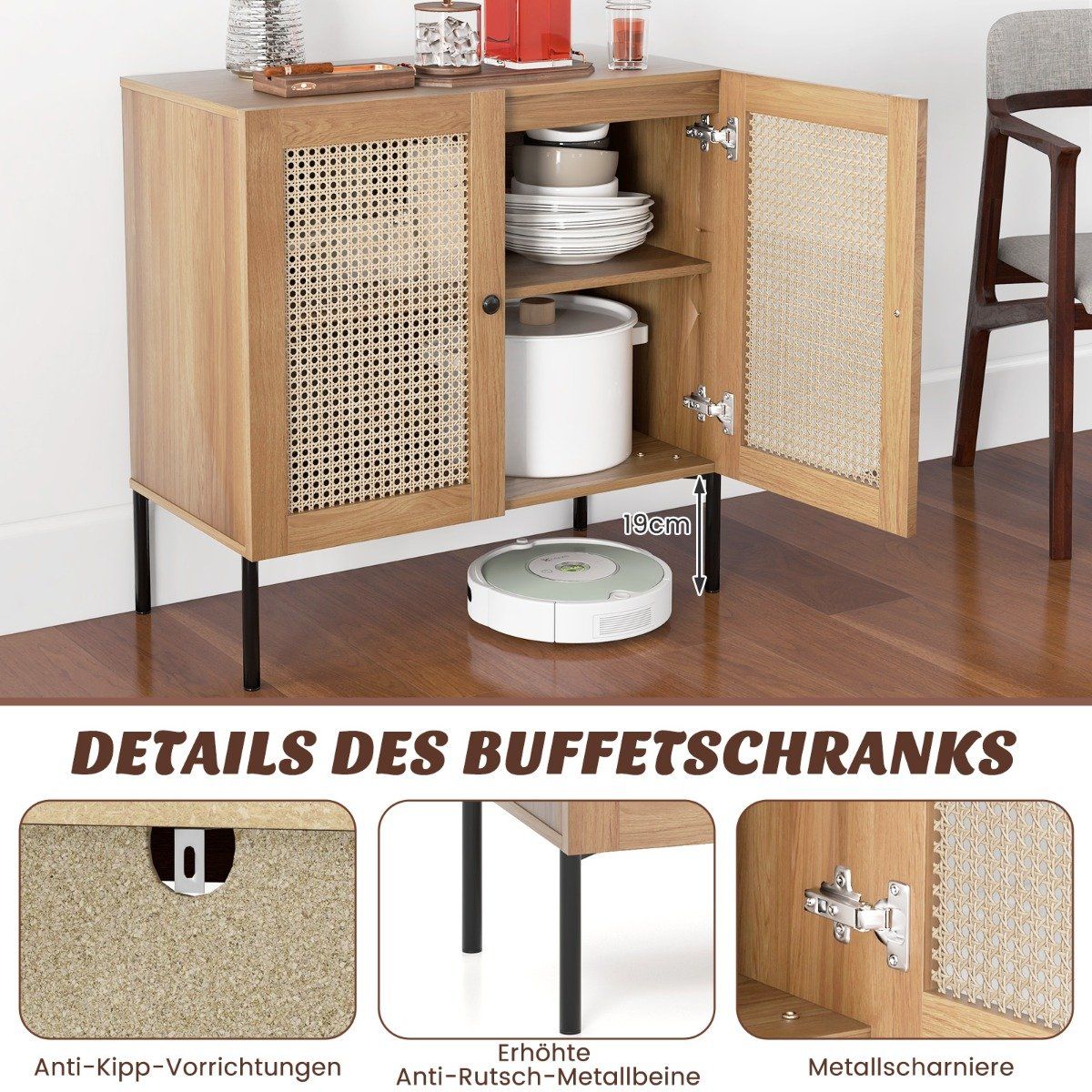 Sideboard with rattan doors & worktop & adjustable compartments kitchen cabinet oak