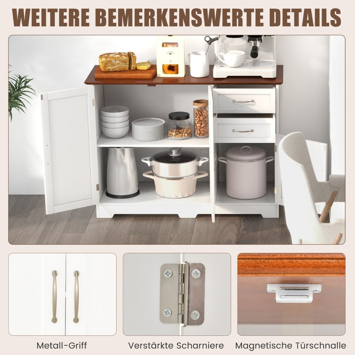 Sideboard with worktop & doors & drawers & adjustable shelves kitchen cabinet white