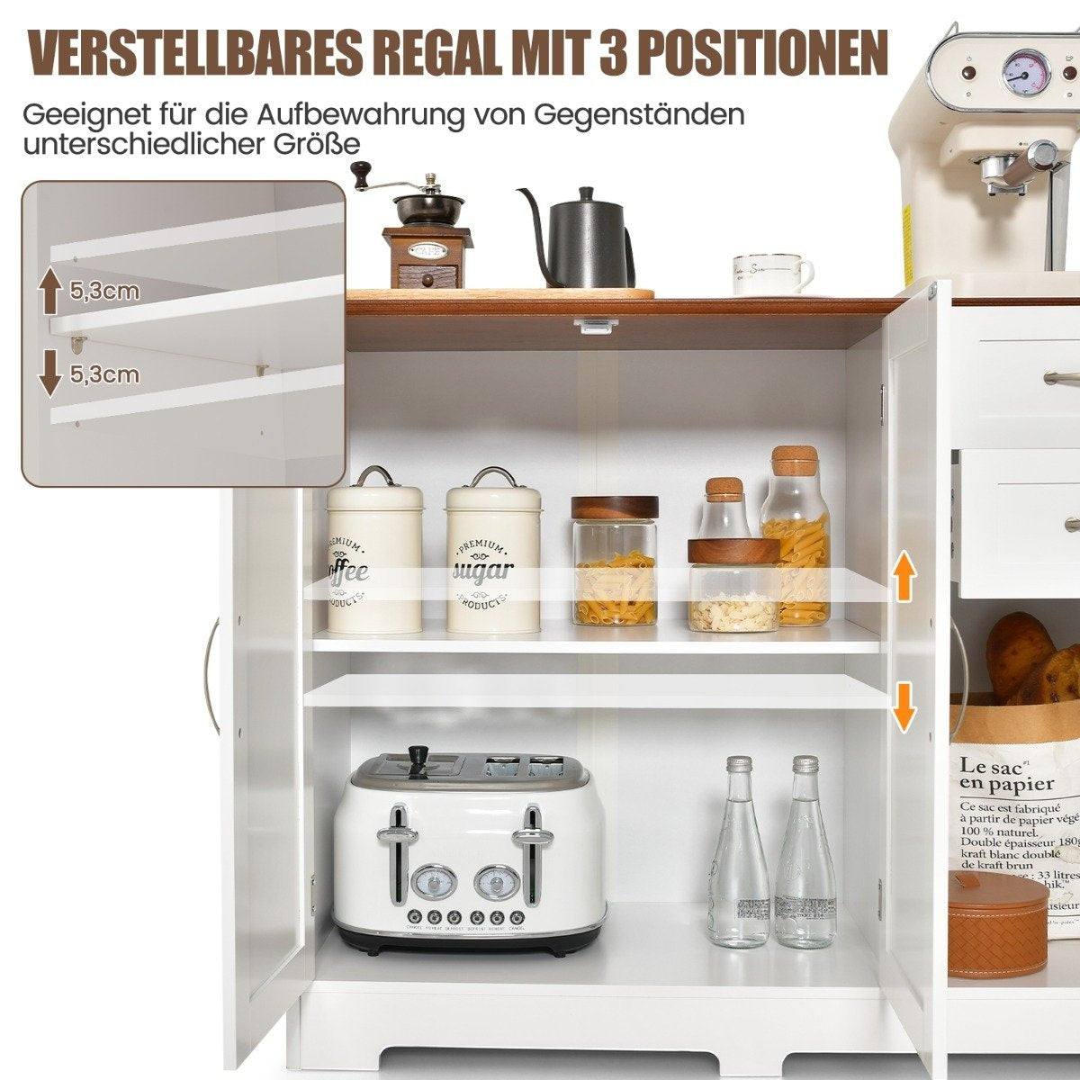Sideboard with worktop & doors & drawers & adjustable shelves kitchen cabinet white