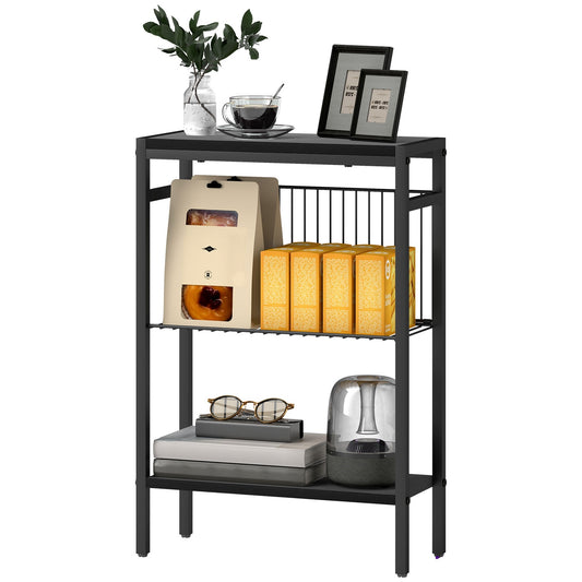 Side Table with 3-Tier Wood Shelves and Steel Frame, Black