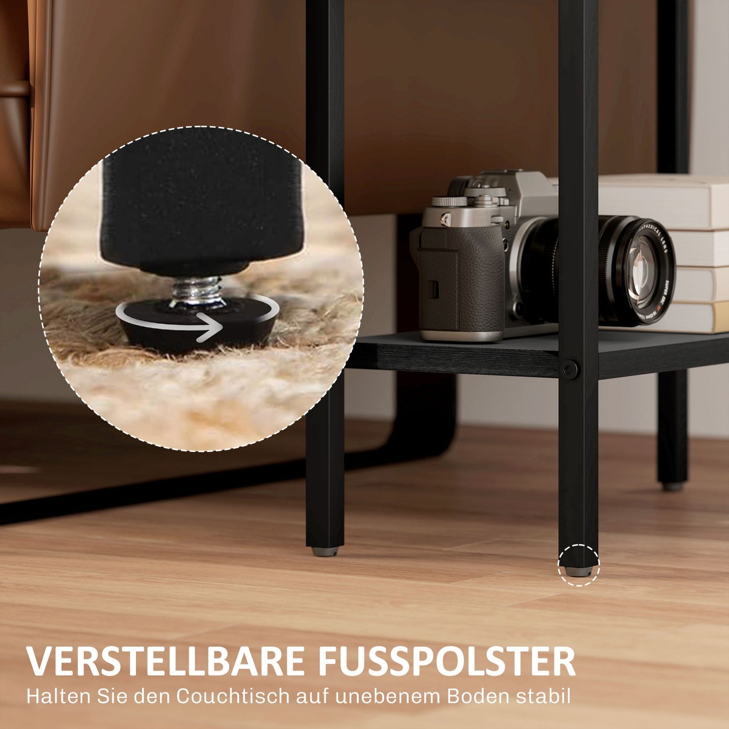 Side Table with 3-Tier Wood Shelves and Steel Frame, Black