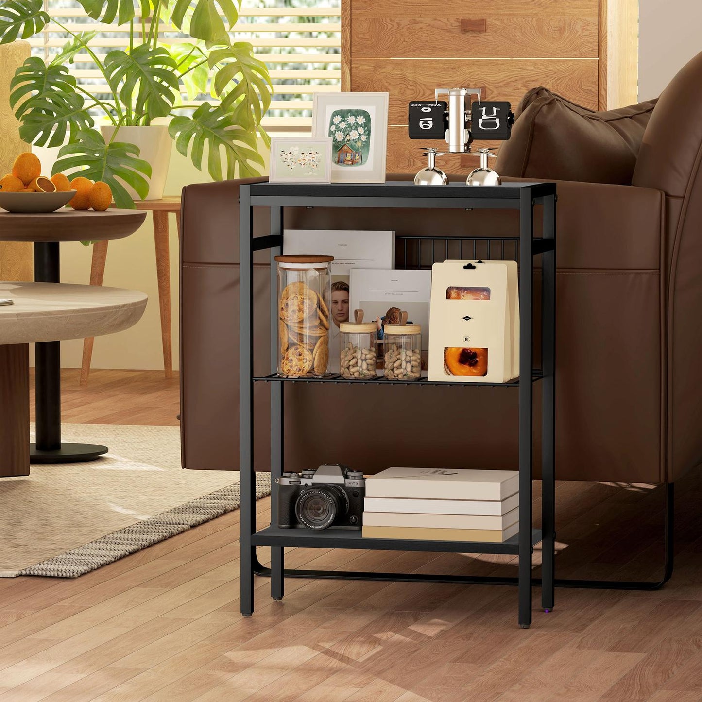 Side Table with 3-Tier Wood Shelves and Steel Frame, Black