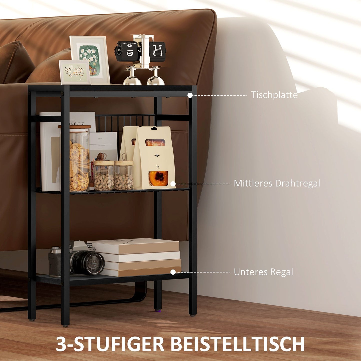 Side Table with 3-Tier Wood Shelves and Steel Frame, Black