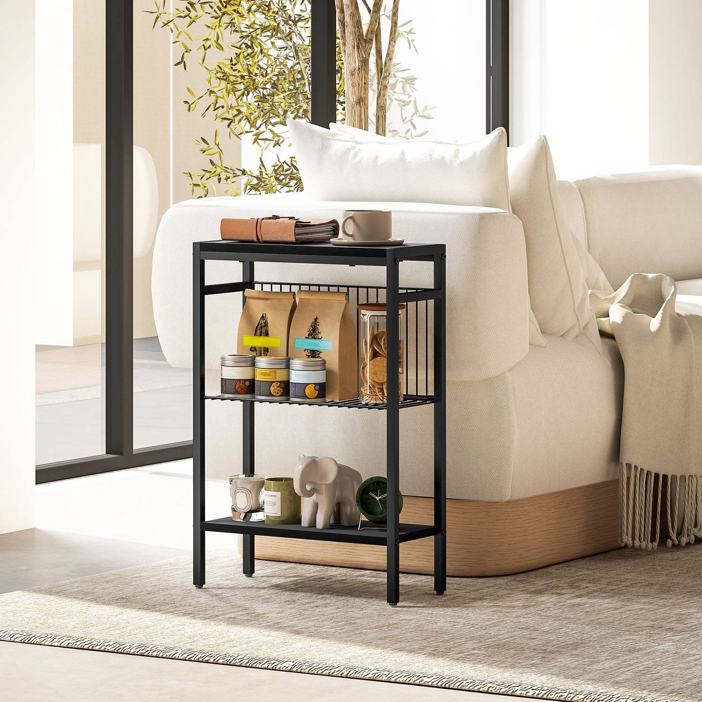 Side Table with 3-Tier Wood Shelves and Steel Frame, Black