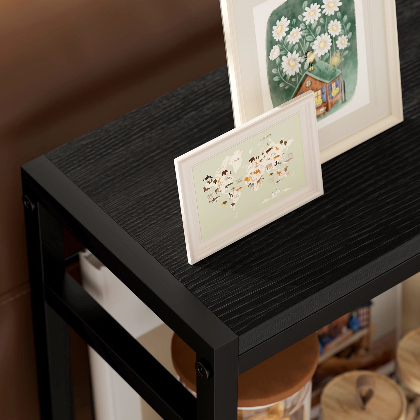 Side Table with 3-Tier Wood Shelves and Steel Frame, Black