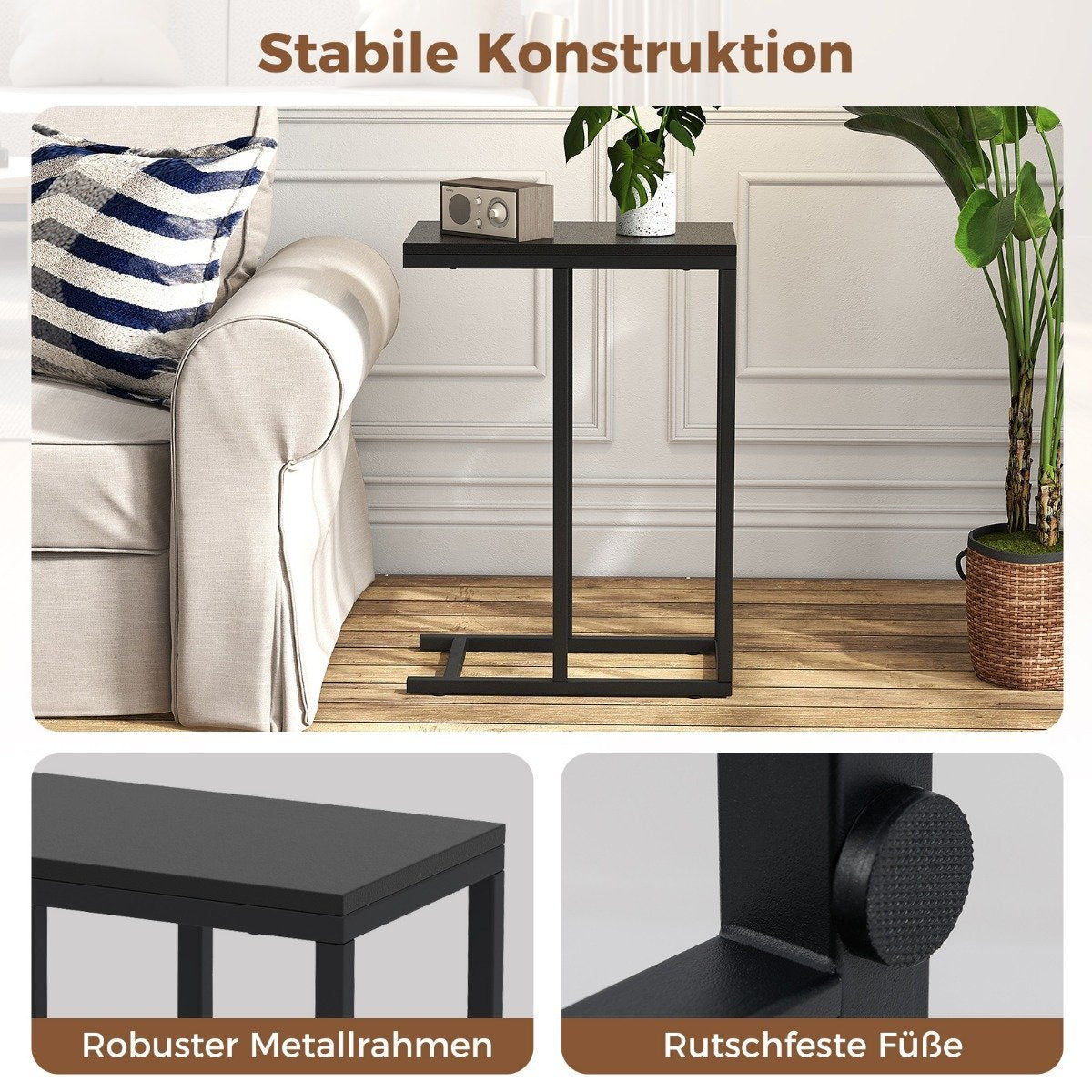 Side table C-shape sofa table with metal frame coffee table for living room 45.5 x 25.5 x 64 cm black