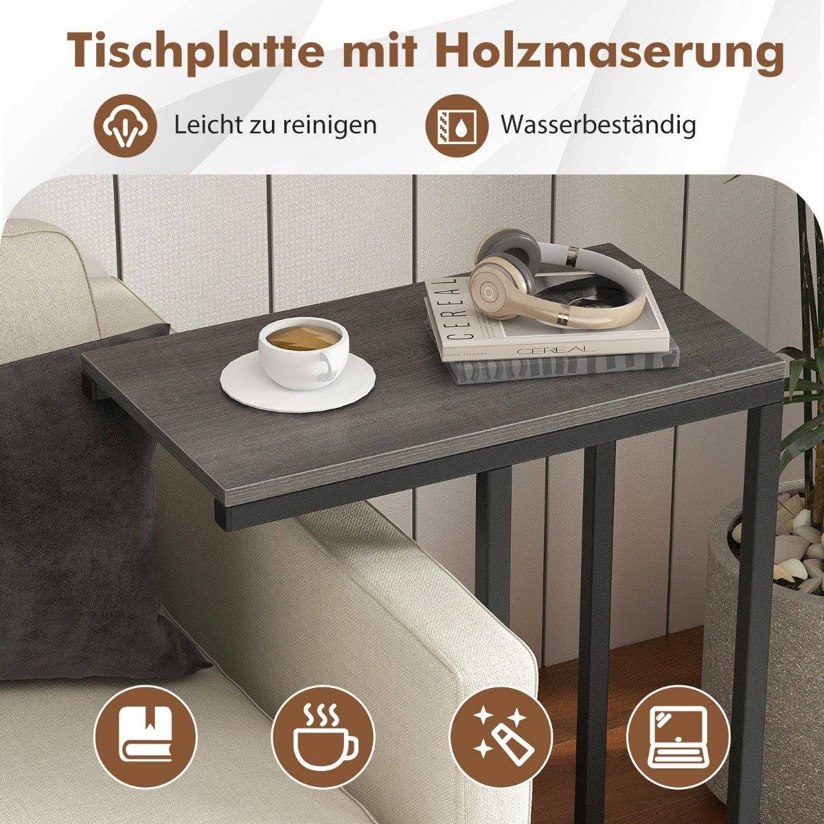 Side table C-shape sofa table with metal frame coffee table for living room gray