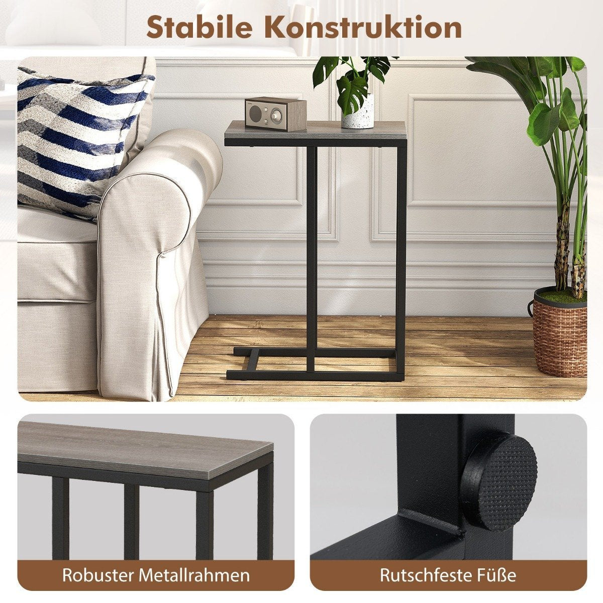 Side table C-shape sofa table with metal frame coffee table for living room gray