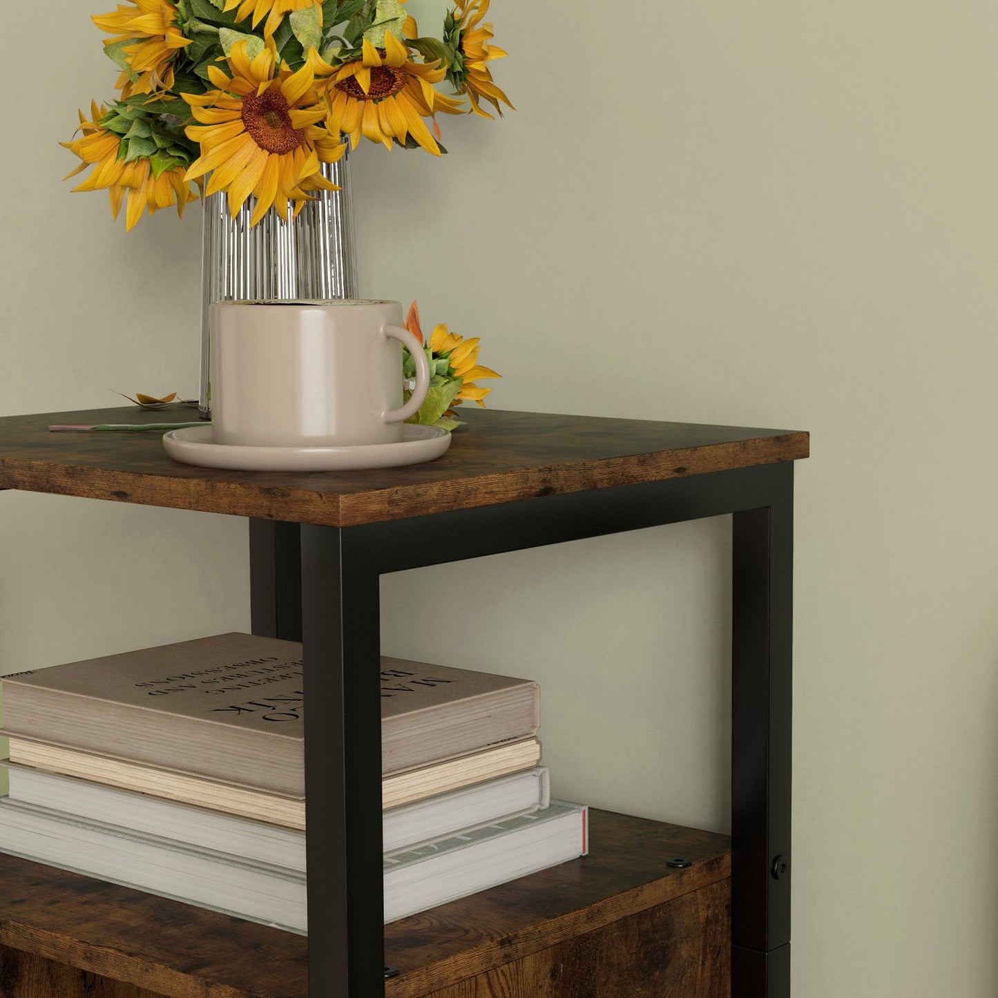 Rustic brown industrial coffee table, adjustable shelf
