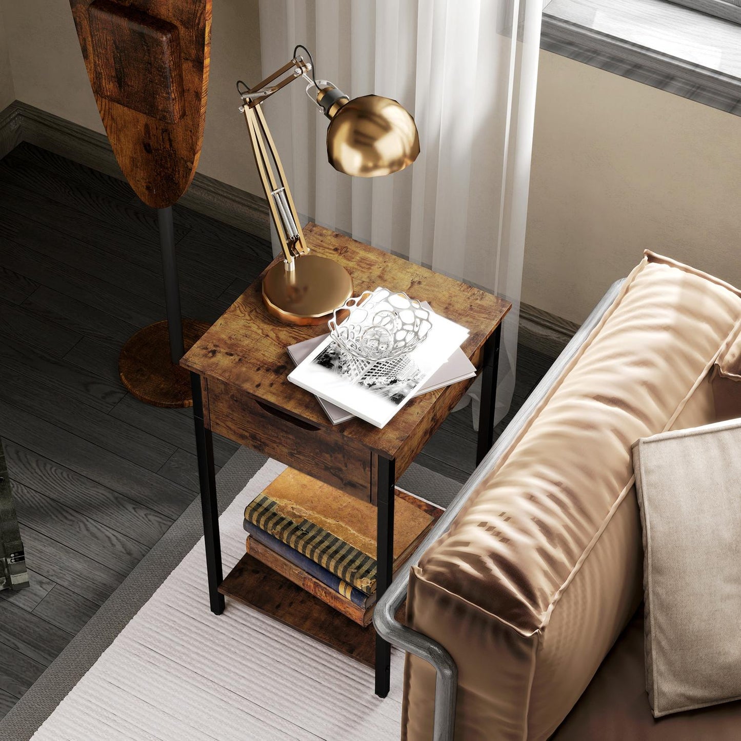 Rustic brown industrial side table, Steel frame, 40x40x68 cm