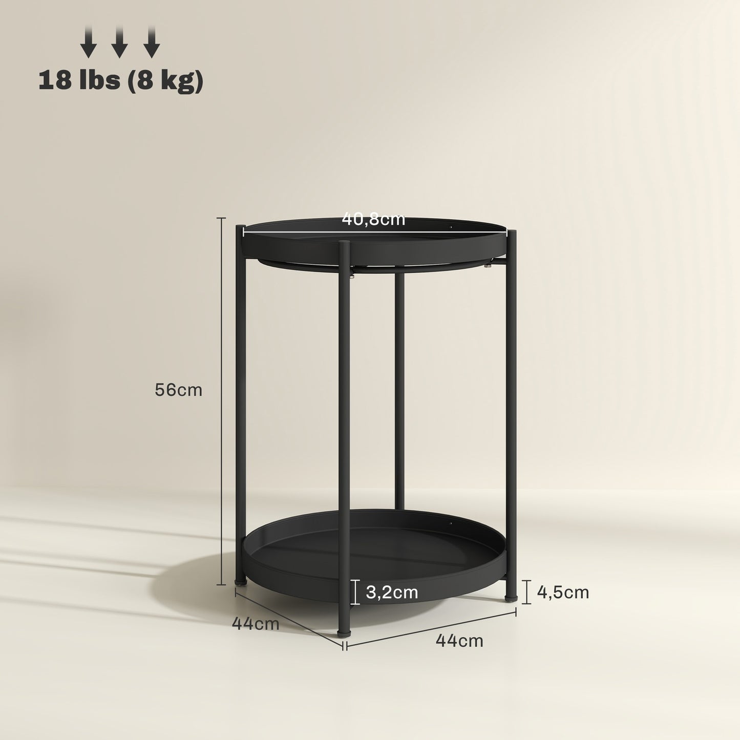 Round black coffee table - steel, 2 shelves, 44x44x56 cm
