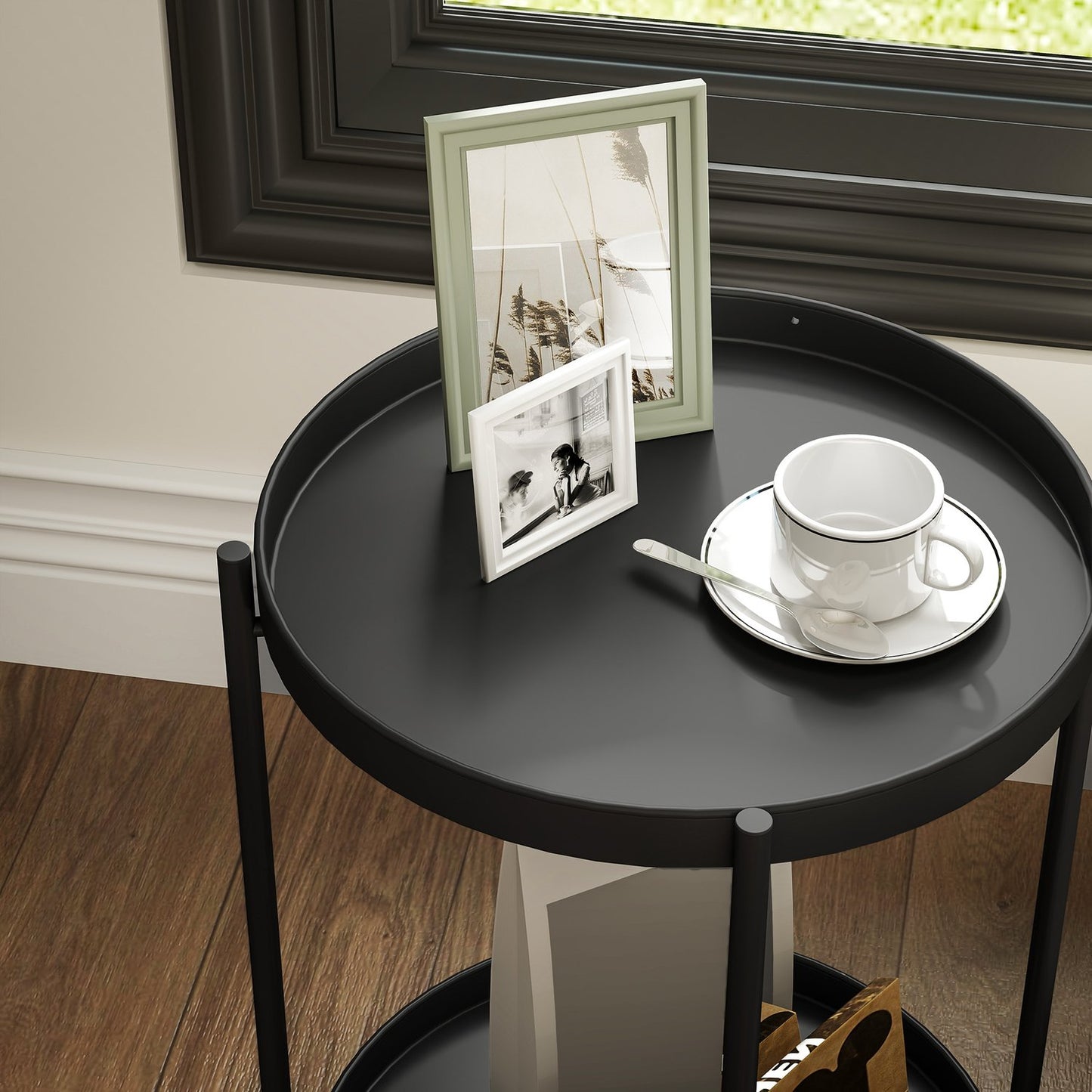 Round black coffee table - steel, 2 shelves, 44x44x56 cm