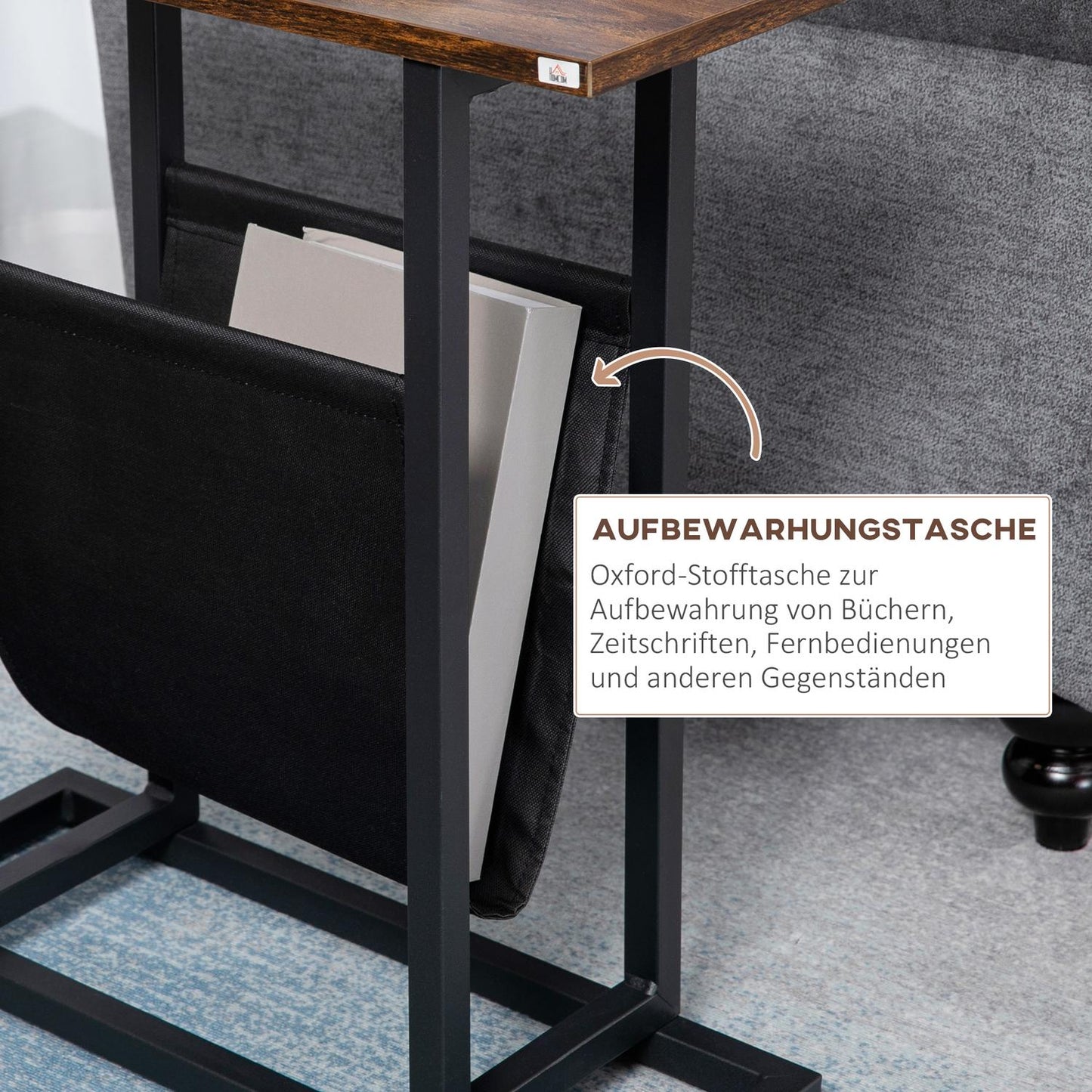 Coffee table with fabric bag & steel frame, dark brown