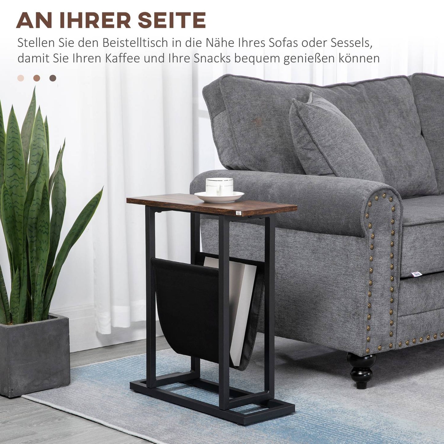 Coffee table with fabric bag & steel frame, dark brown