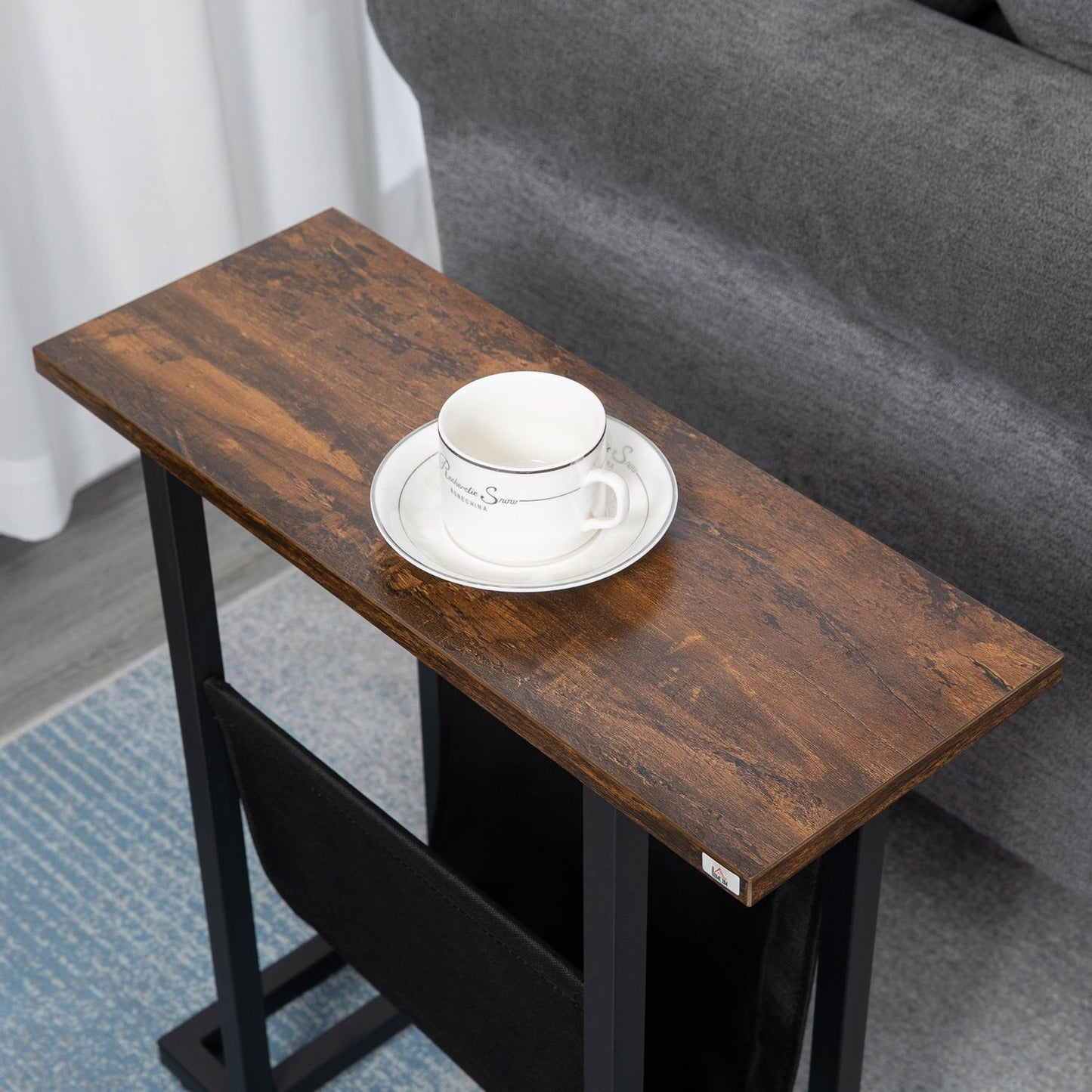 Coffee table with fabric bag & steel frame, dark brown