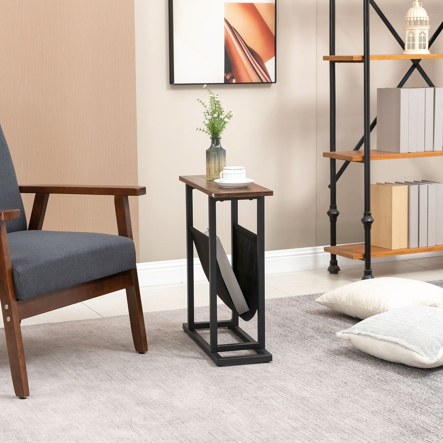 Coffee table with fabric bag & steel frame, dark brown