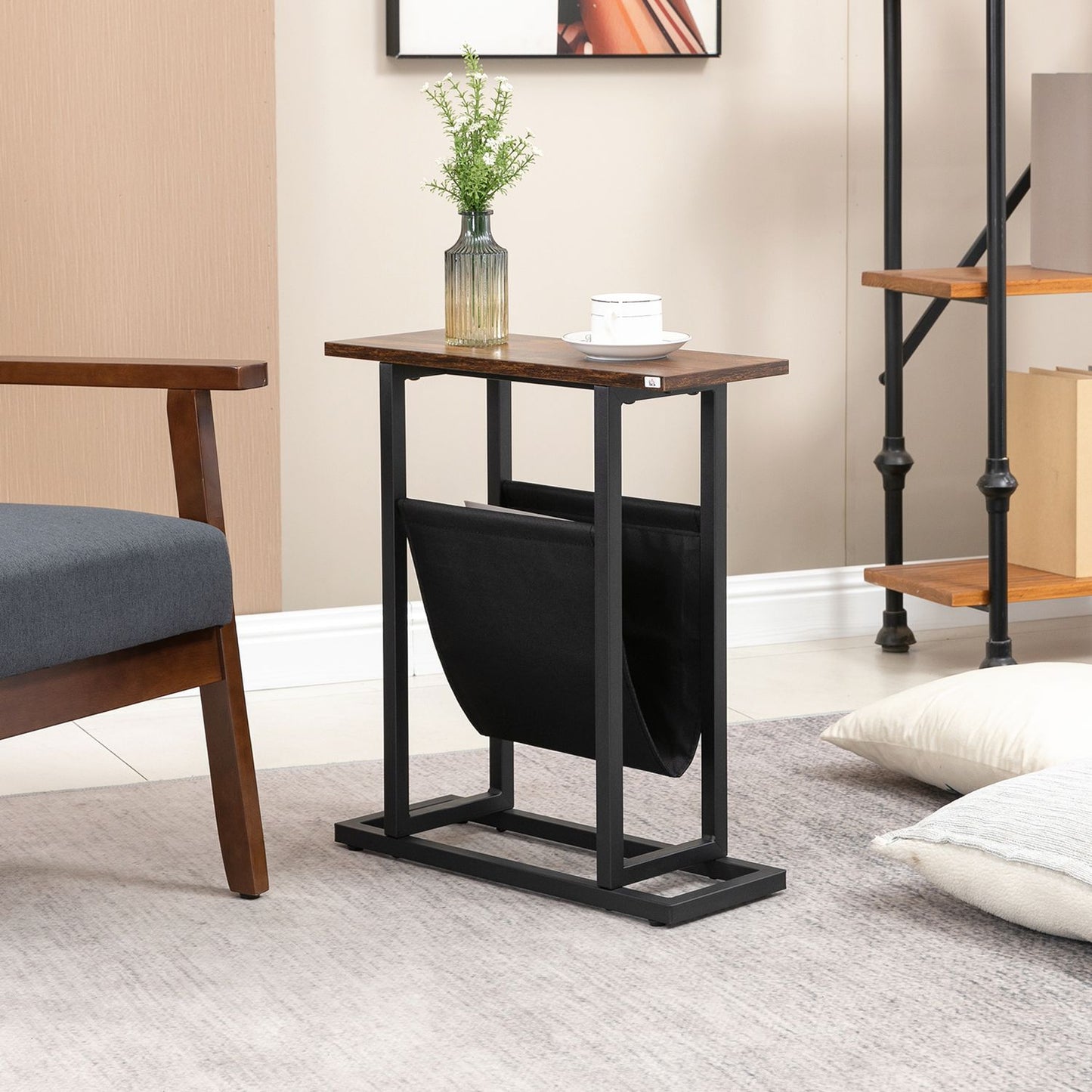 Coffee table with fabric bag & steel frame, dark brown