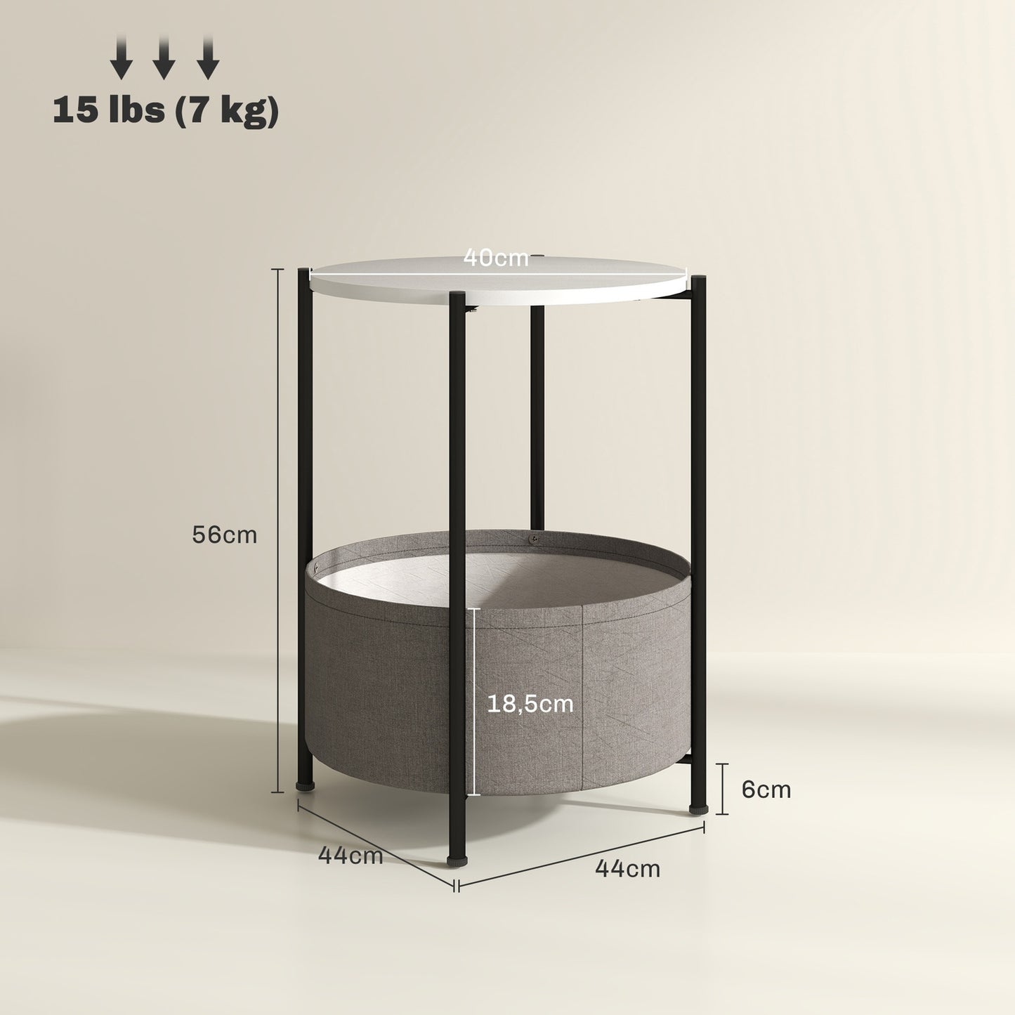 Round coffee table with storage and fabric basket, 44x44x56 cm