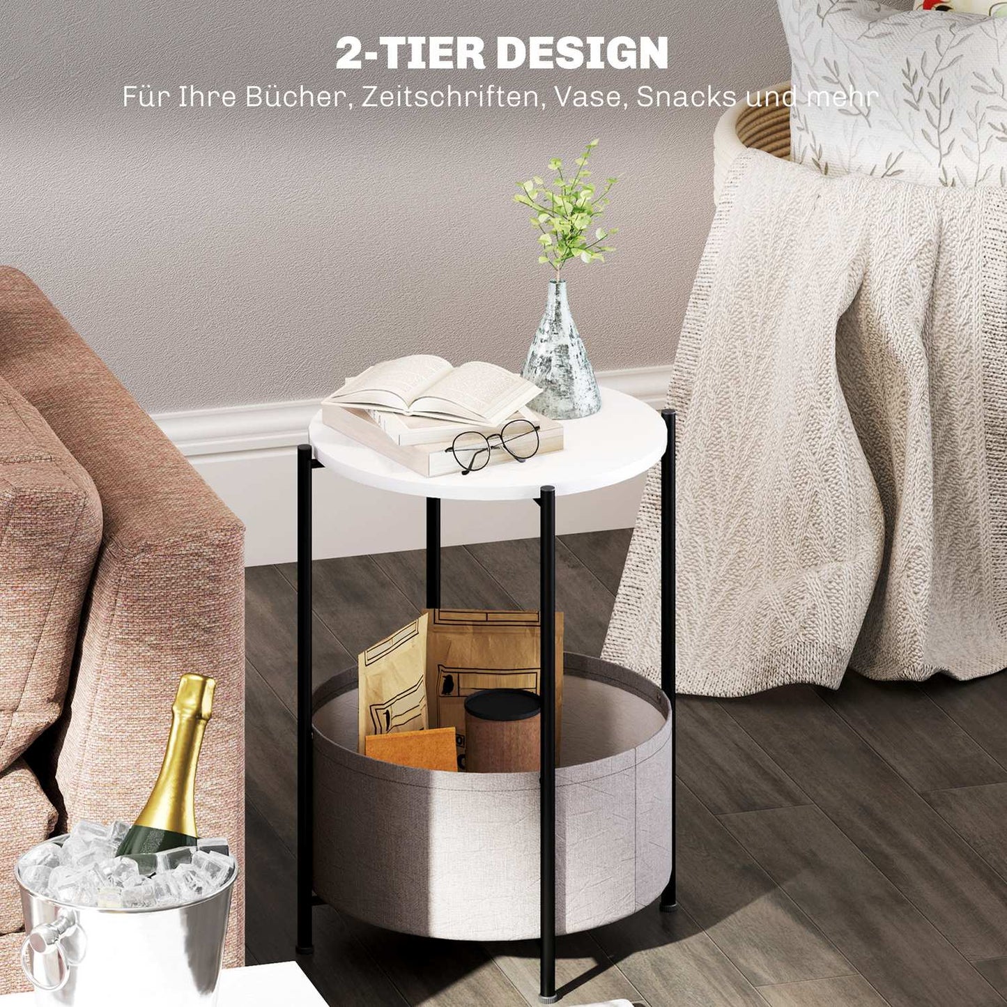 Round coffee table with storage and fabric basket, 44x44x56 cm