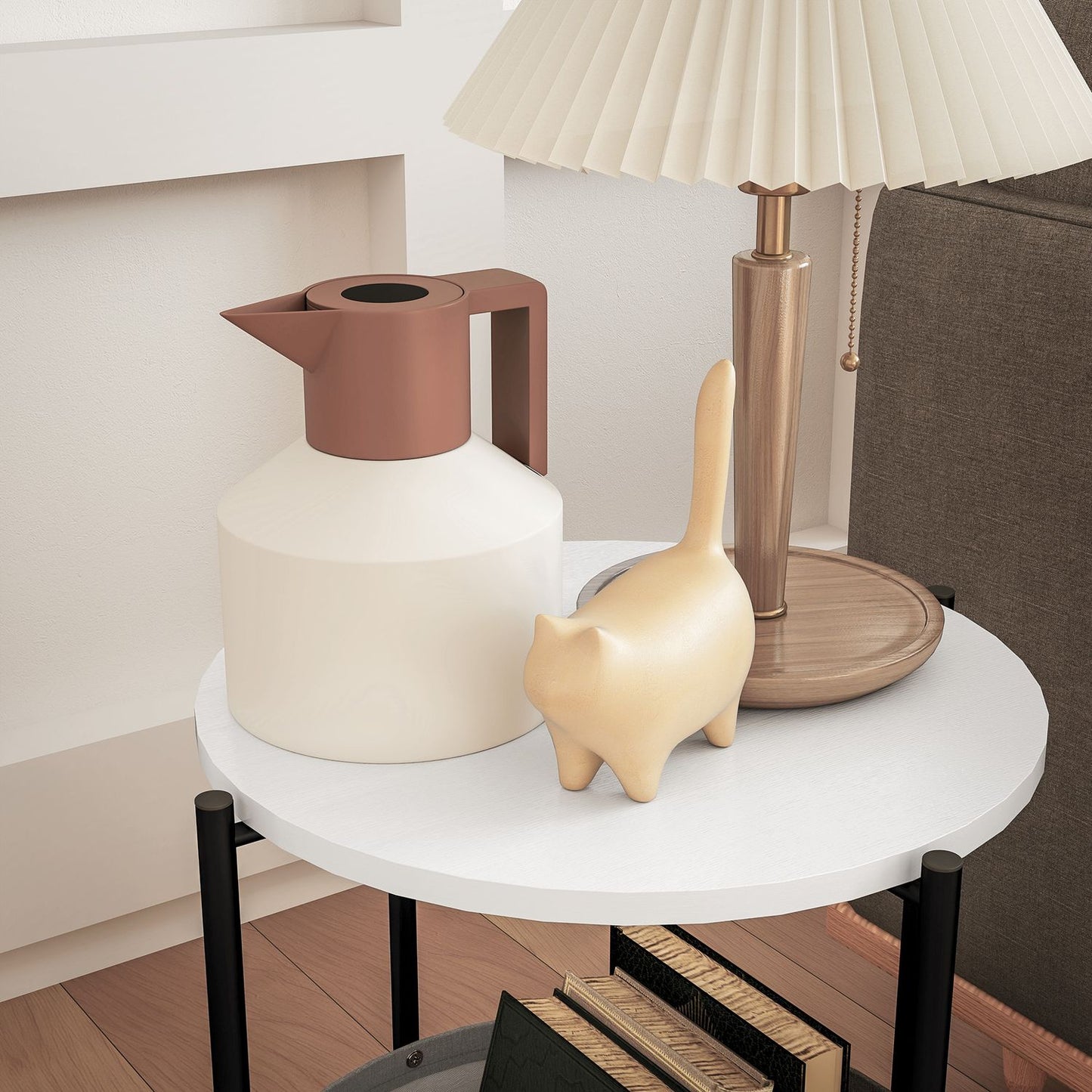 Round coffee table with storage and fabric basket, 44x44x56 cm