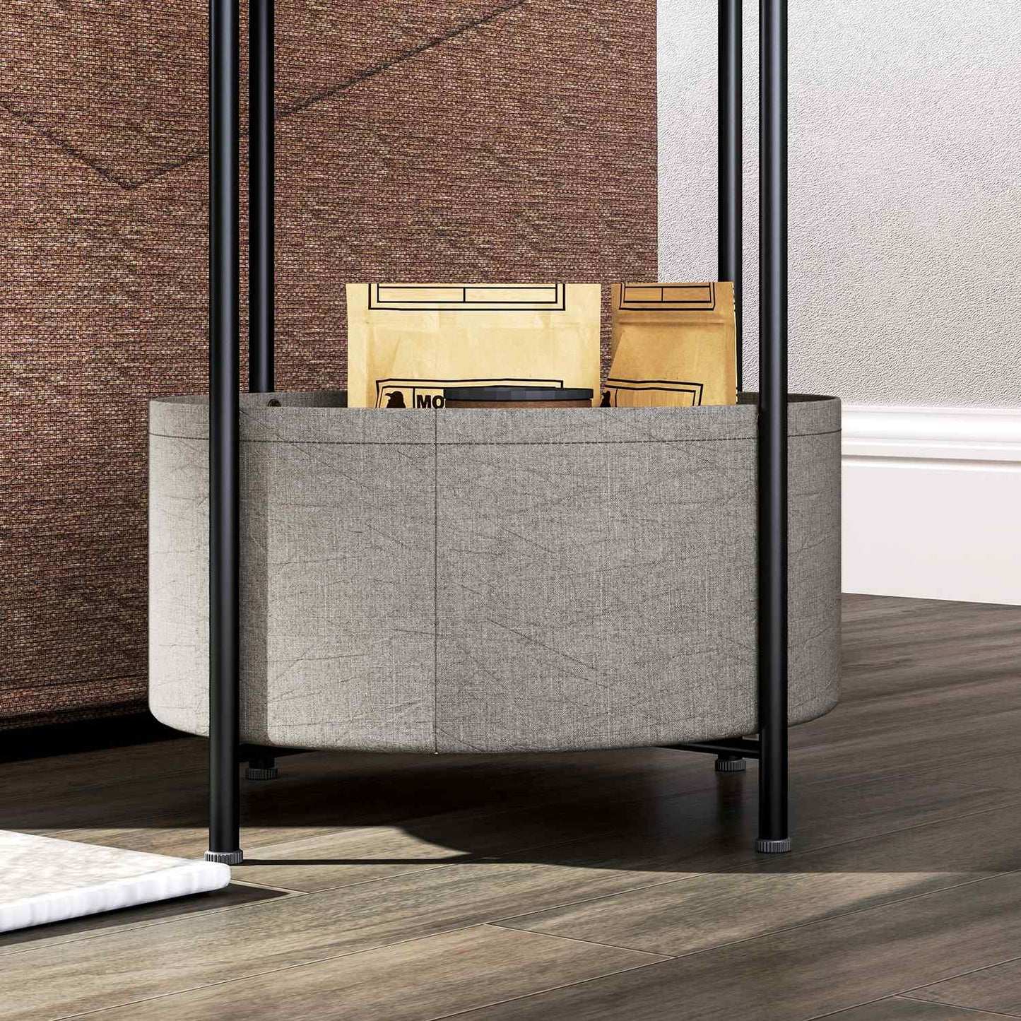 Round coffee table with storage and fabric basket, 44x44x56 cm
