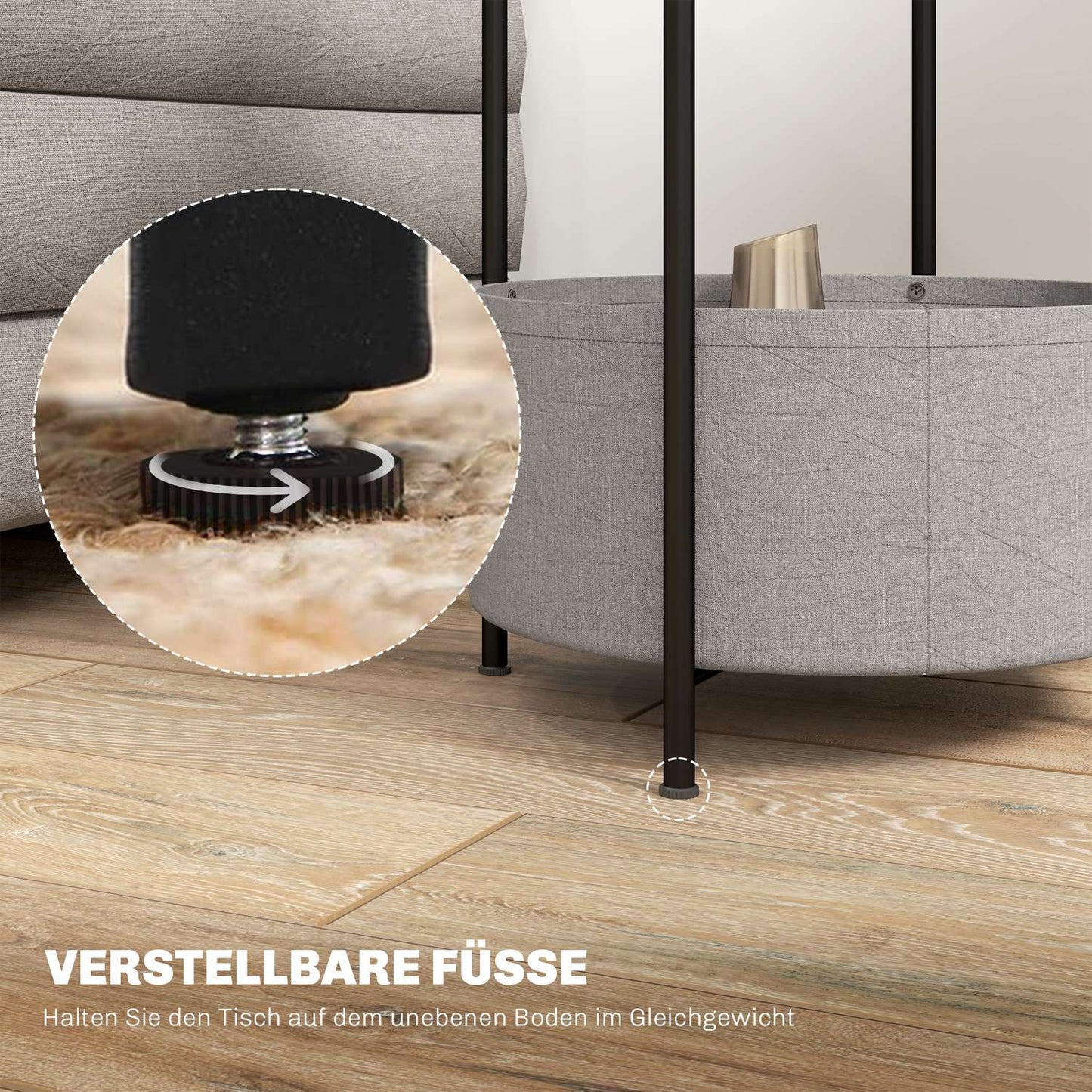 Round coffee table with storage and fabric basket, 44x44x56 cm