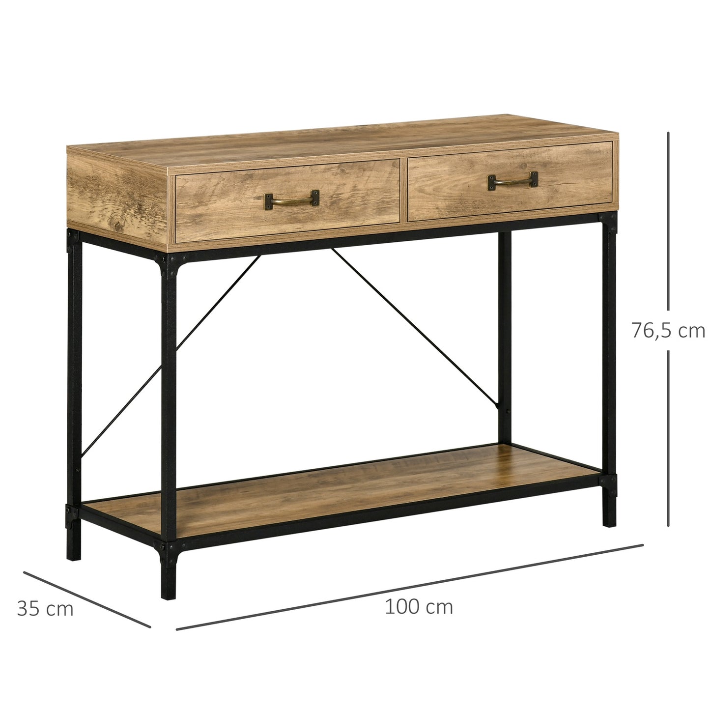 Vintage brown console table, 2 drawers & bottom shelf
