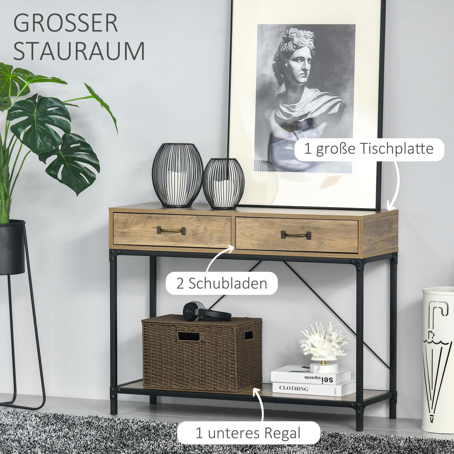 Vintage brown console table, 2 drawers & bottom shelf