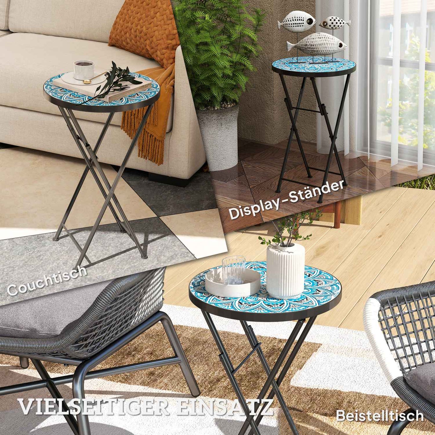 Blue Mosaic Folding Metal Table, Weather Resistant - Indoor/Outdoor