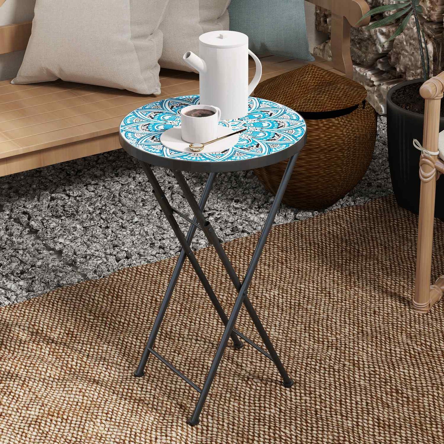 Blue Mosaic Folding Metal Table, Weather Resistant - Indoor/Outdoor