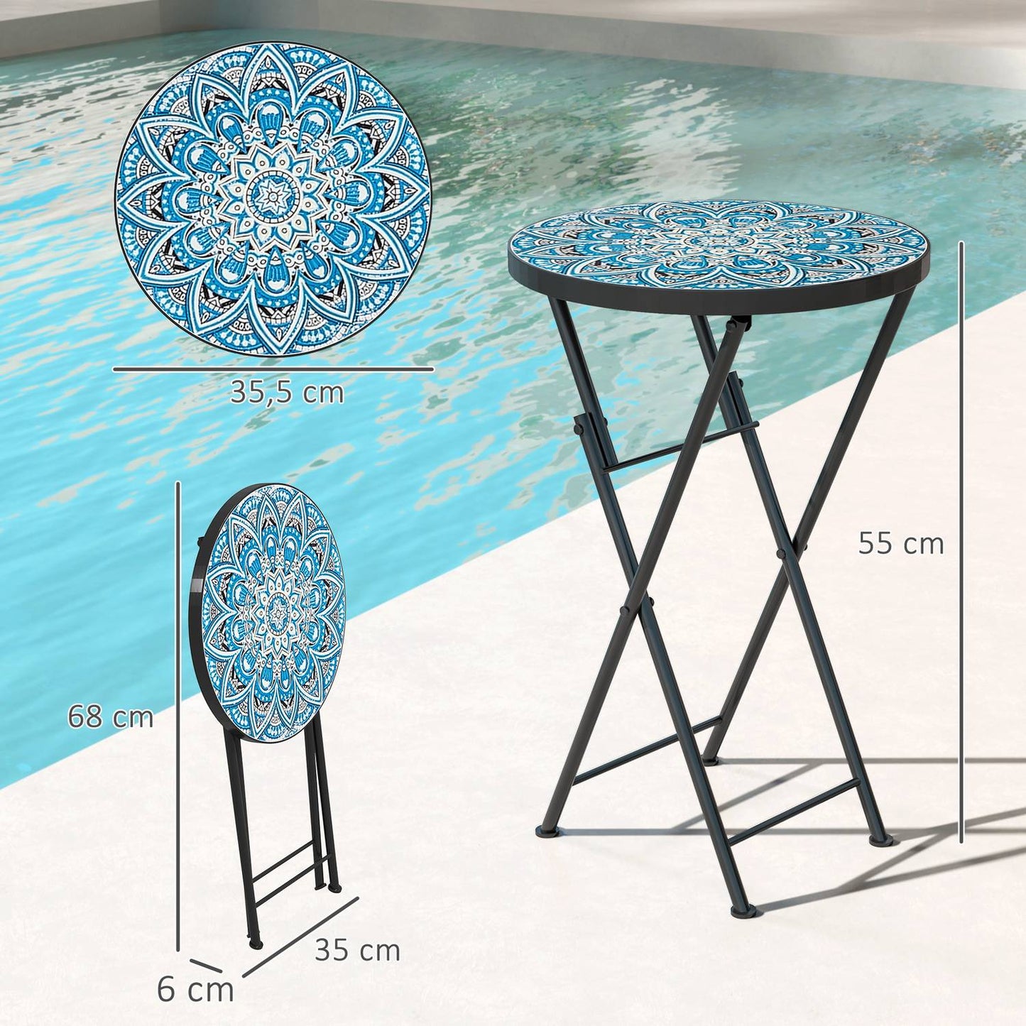 Blue Mosaic Folding Metal Table, Weather Resistant - Indoor/Outdoor