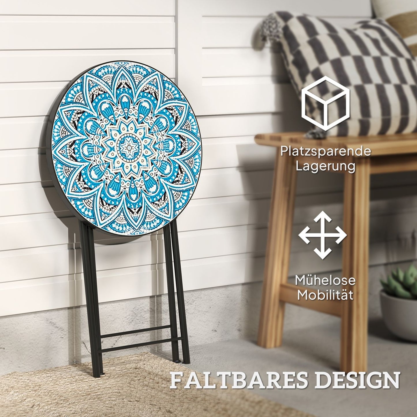 Blue Mosaic Folding Metal Table, Weather Resistant - Indoor/Outdoor