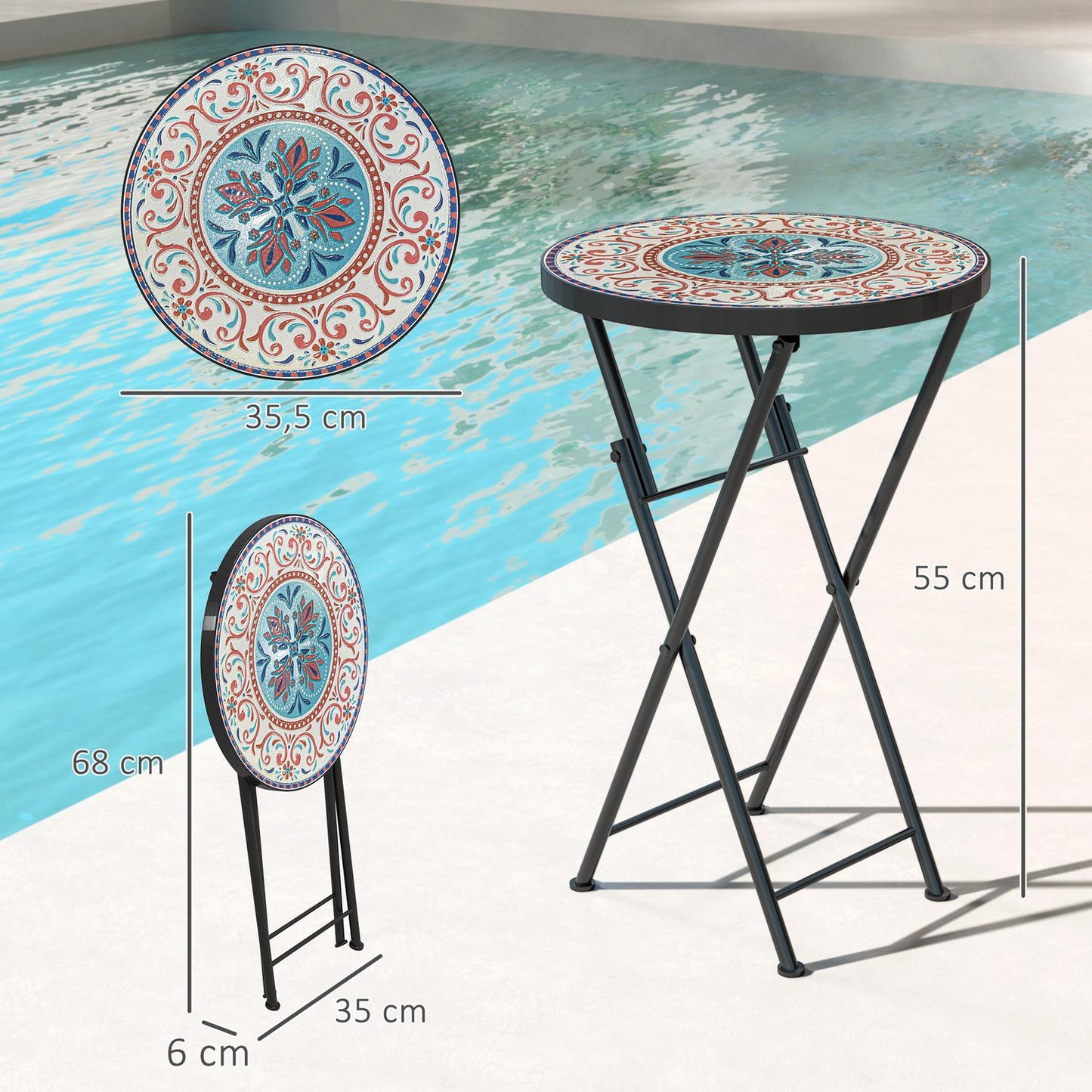 Folding outdoor metal garden table - Mosaic board, weatherproof
