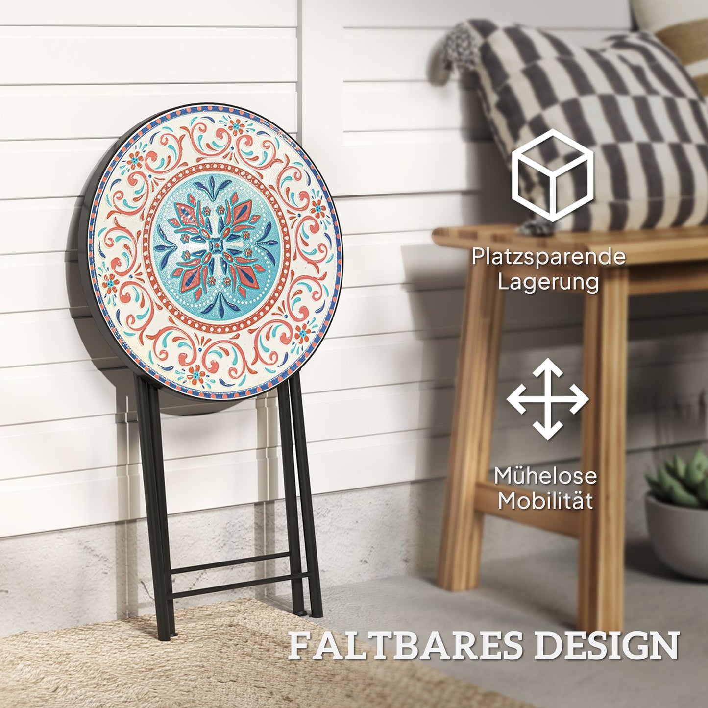 Folding outdoor metal garden table - Mosaic board, weatherproof