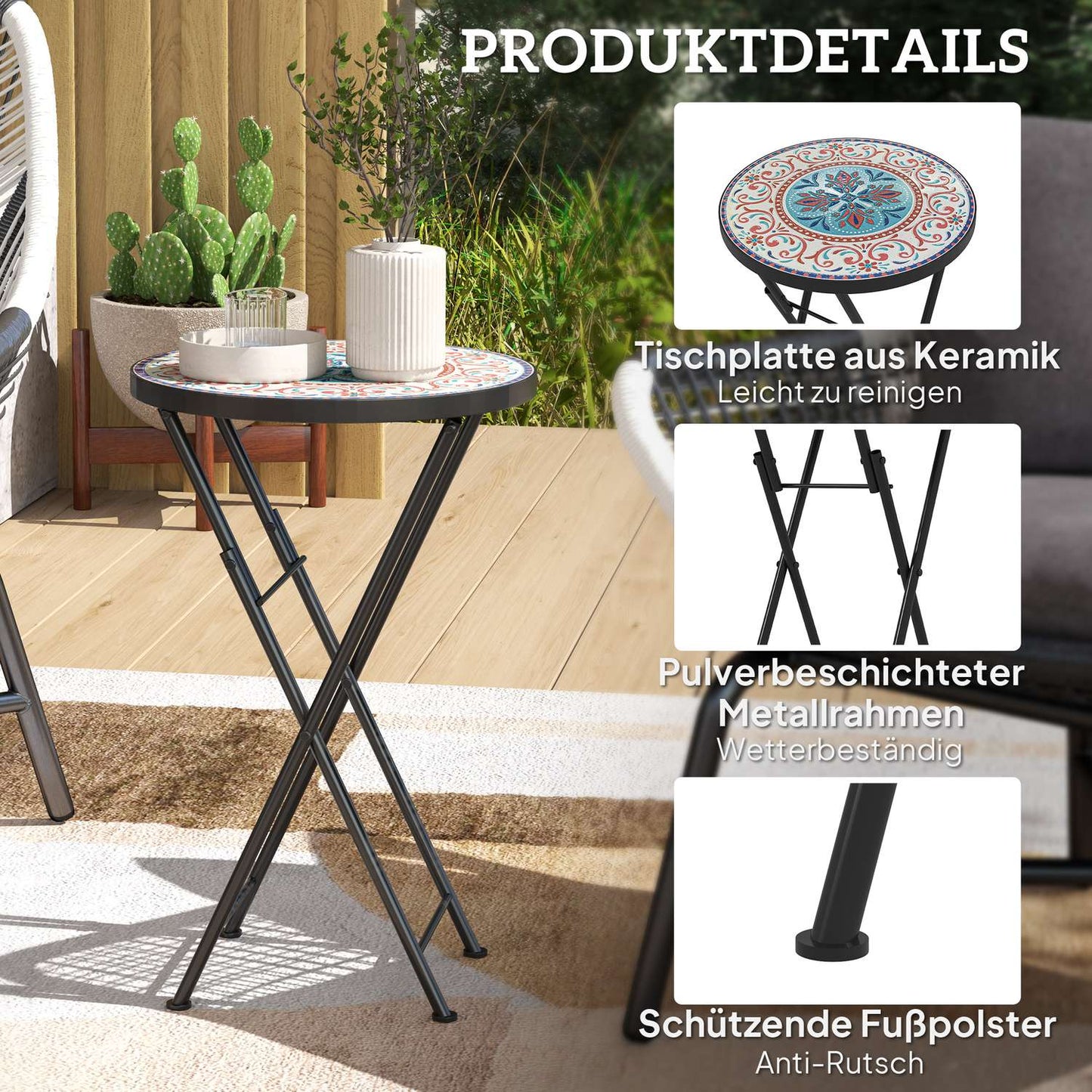 Folding outdoor metal garden table - Mosaic board, weatherproof